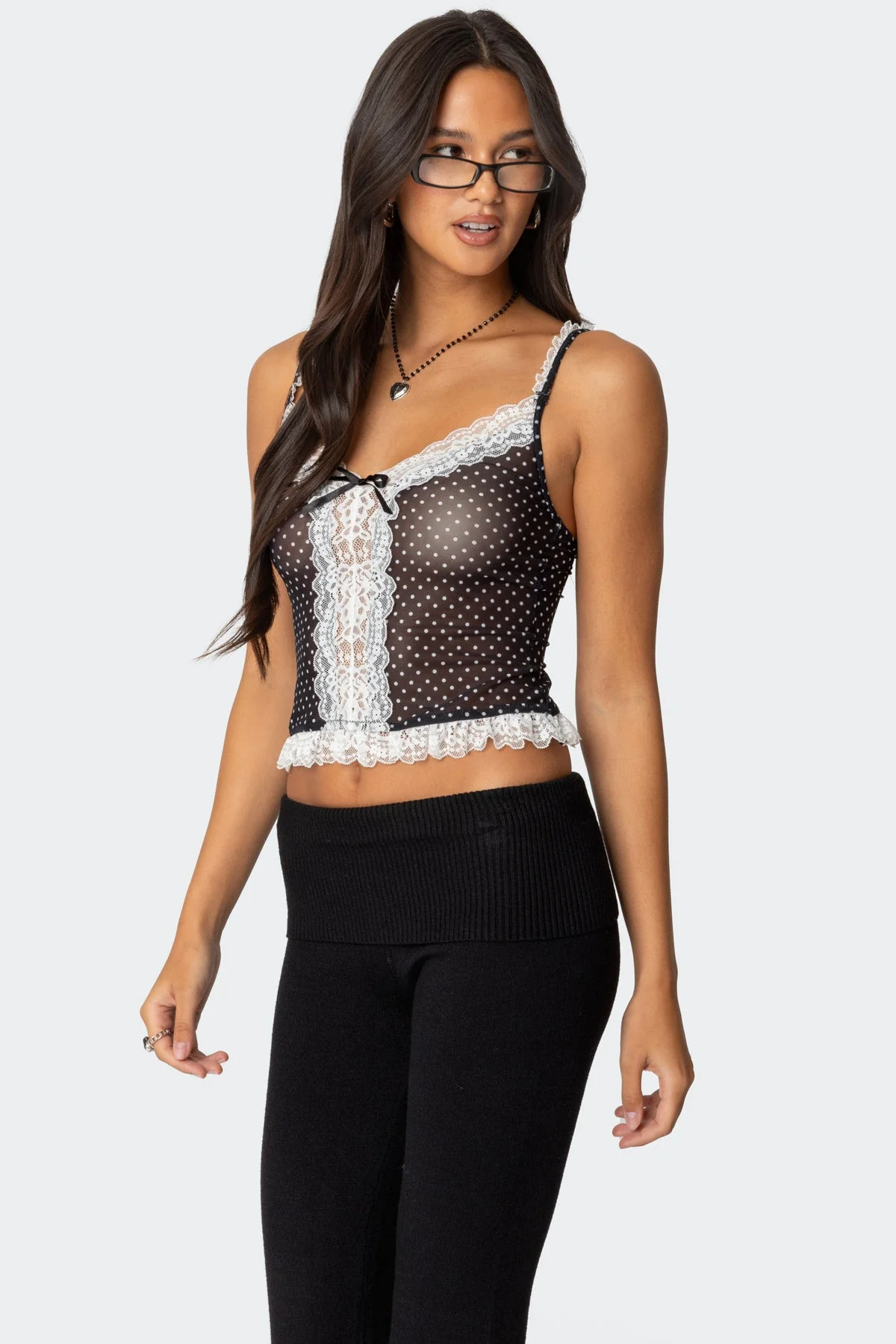 Black and White Polka Dot Sheer Mesh Tank Top