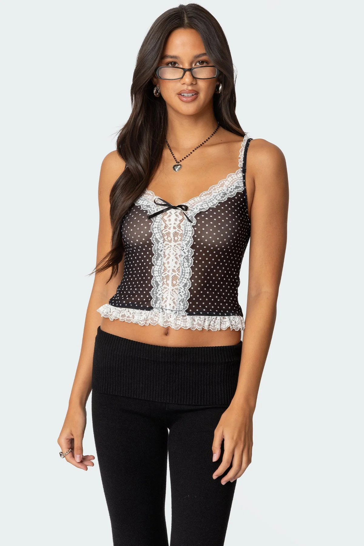 Black and White Polka Dot Sheer Mesh Tank Top