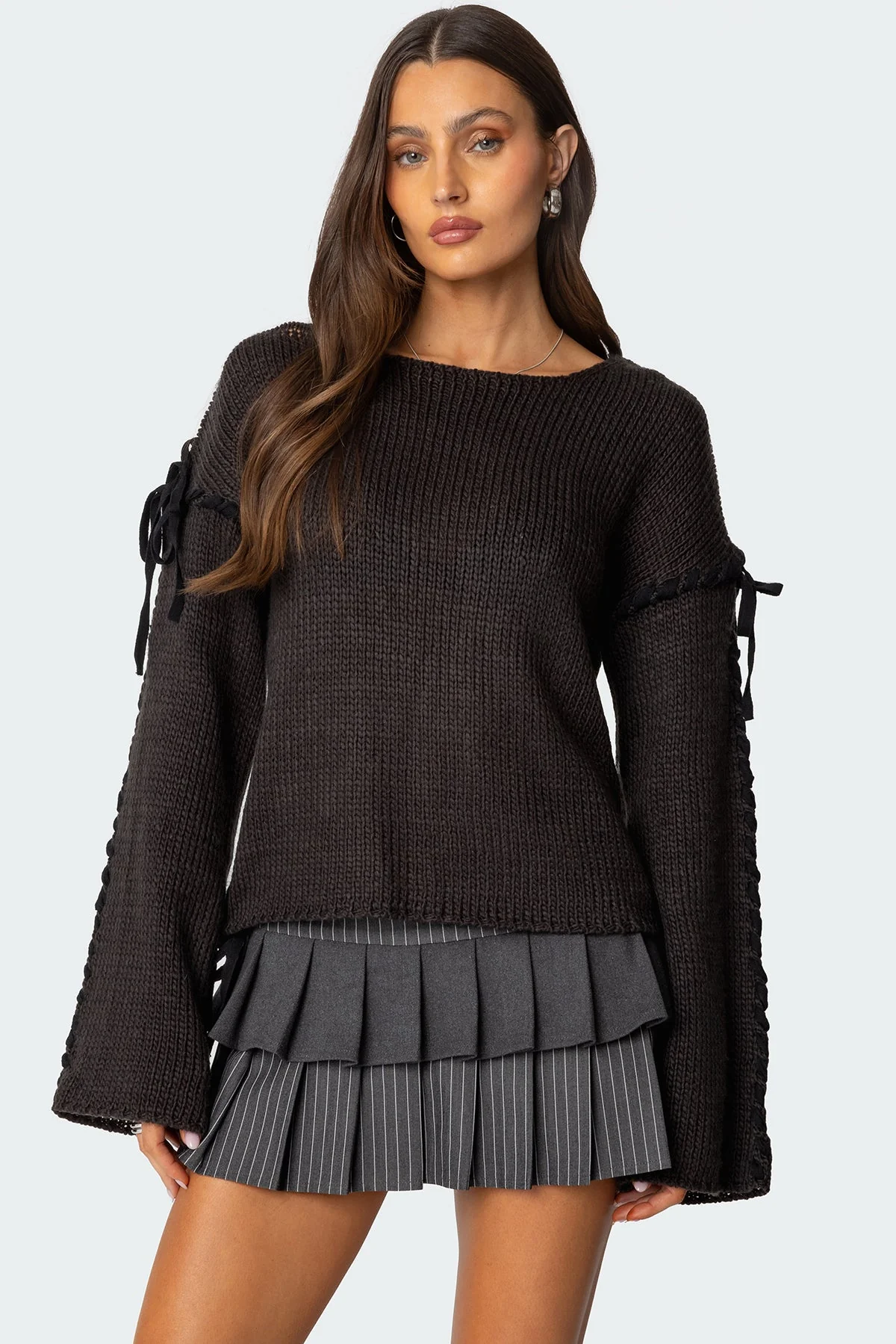 Cozy Dark Gray Knit Lace-Up Sweater