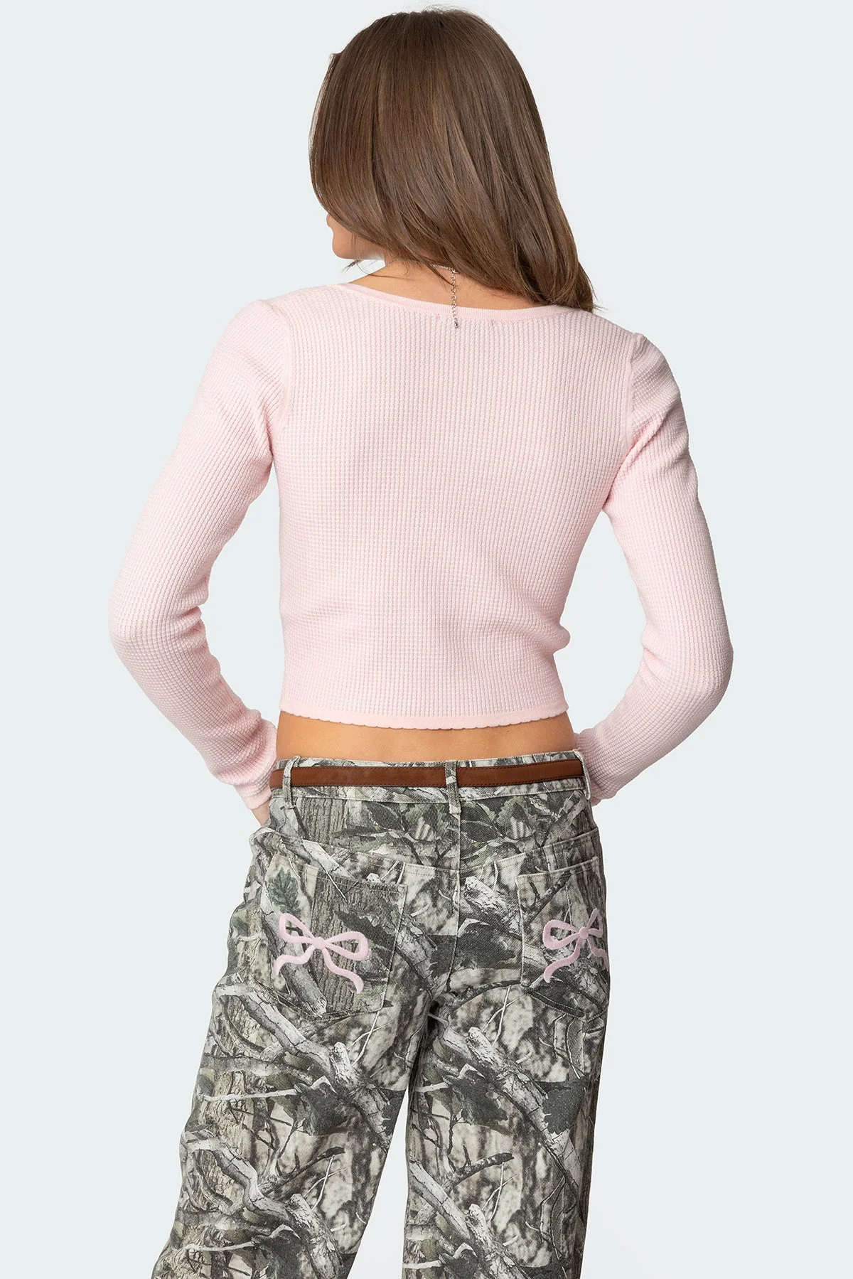 Light Pink Knit Sweater with Square Neckline