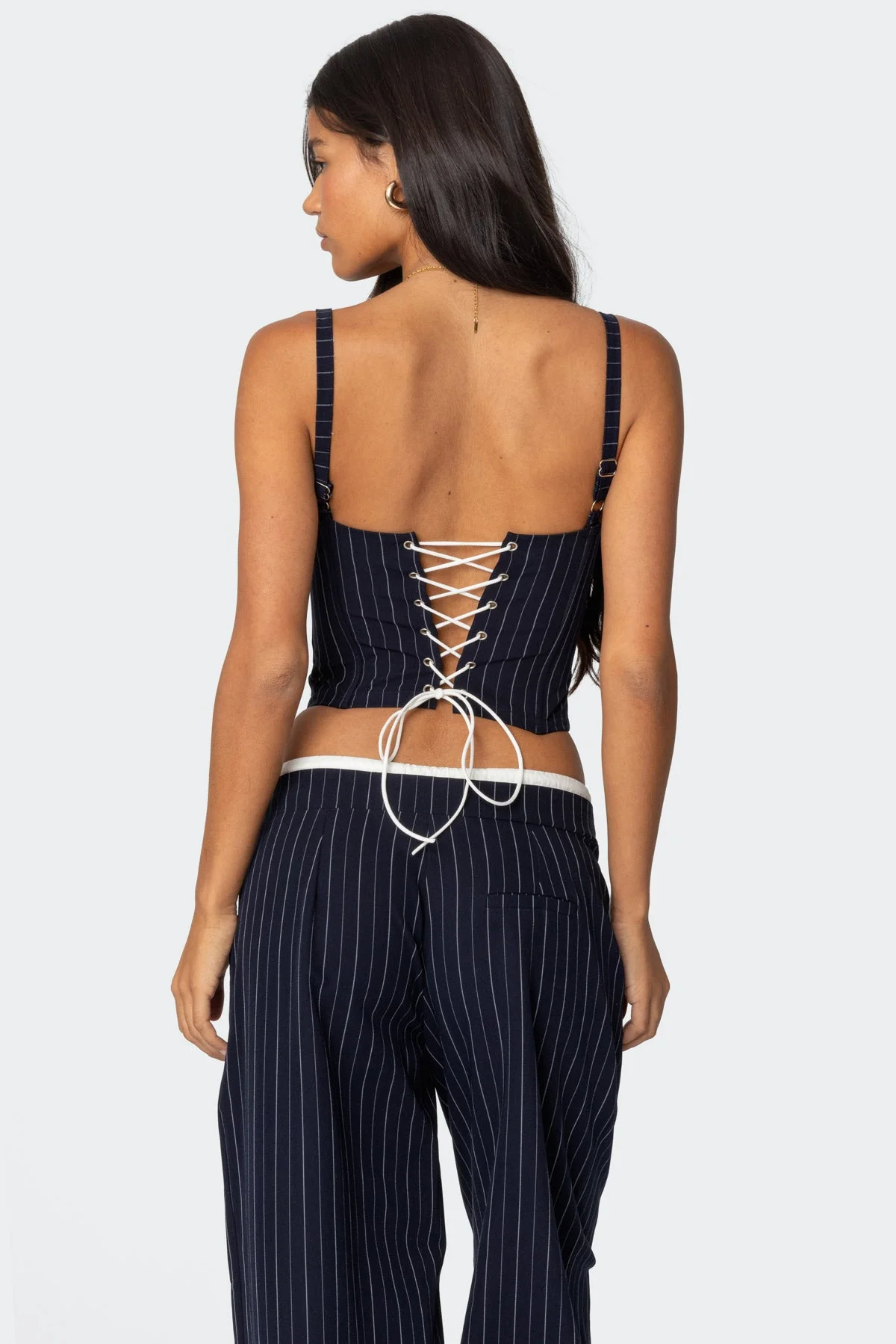 Navy and White Pinstripe Drawstring Corset - Adjustable Boned Bodice