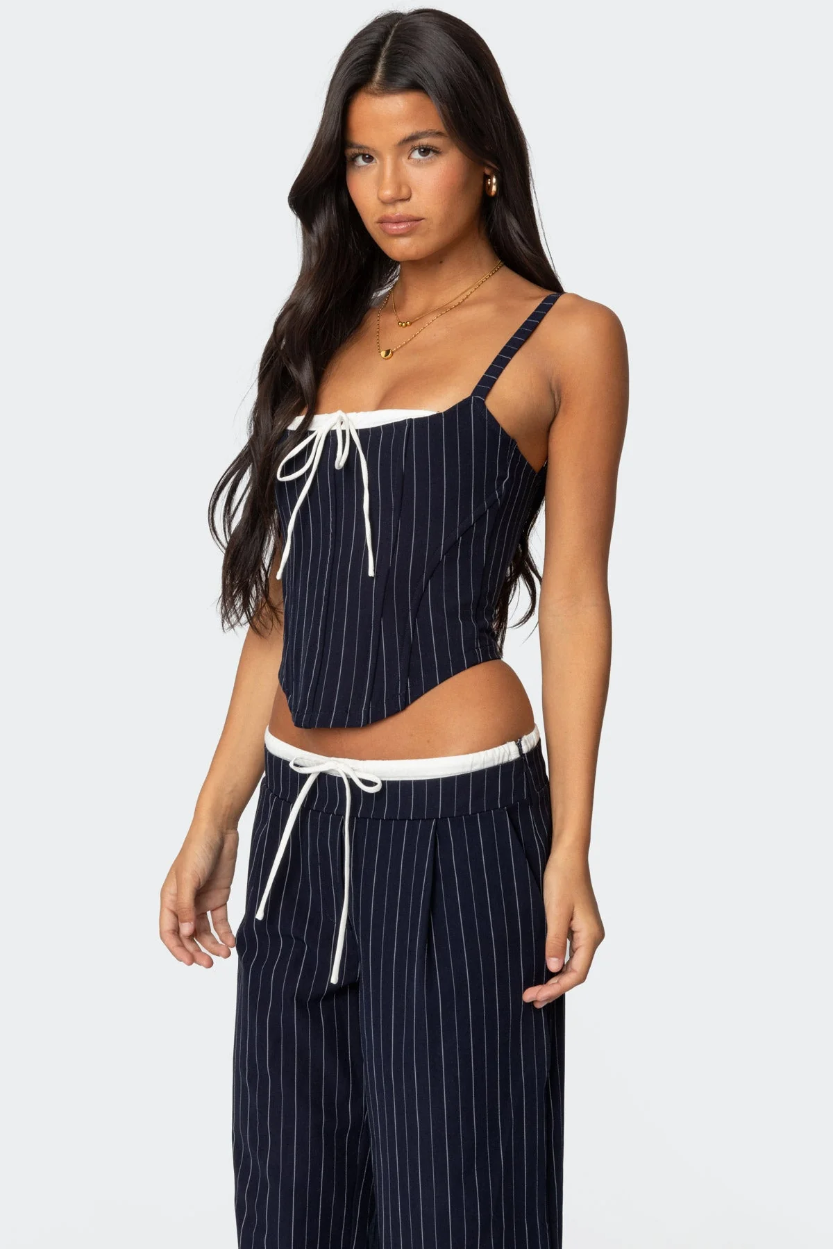Navy and White Pinstripe Drawstring Corset - Adjustable Boned Bodice