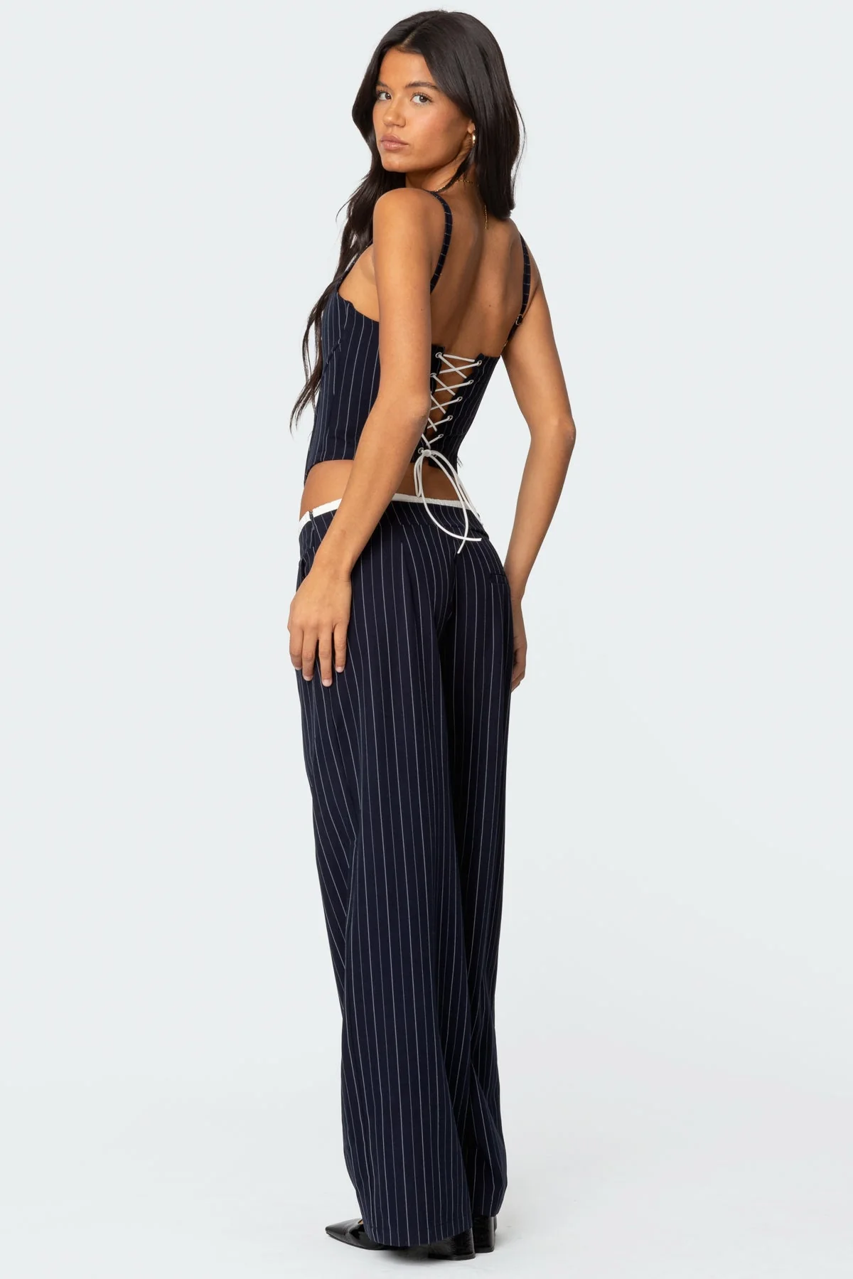 Navy and White Pinstripe Drawstring Corset - Adjustable Boned Bodice