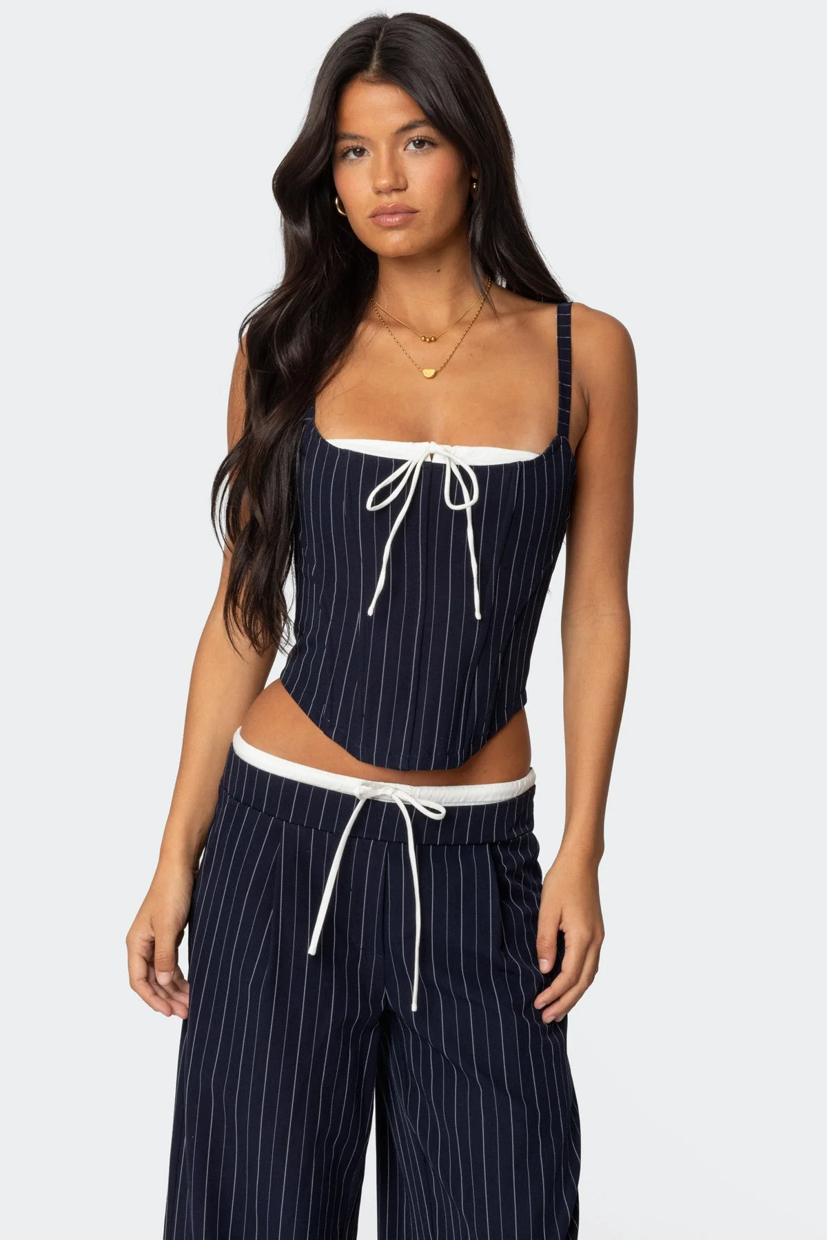 Navy and White Pinstripe Drawstring Corset - Adjustable Boned Bodice