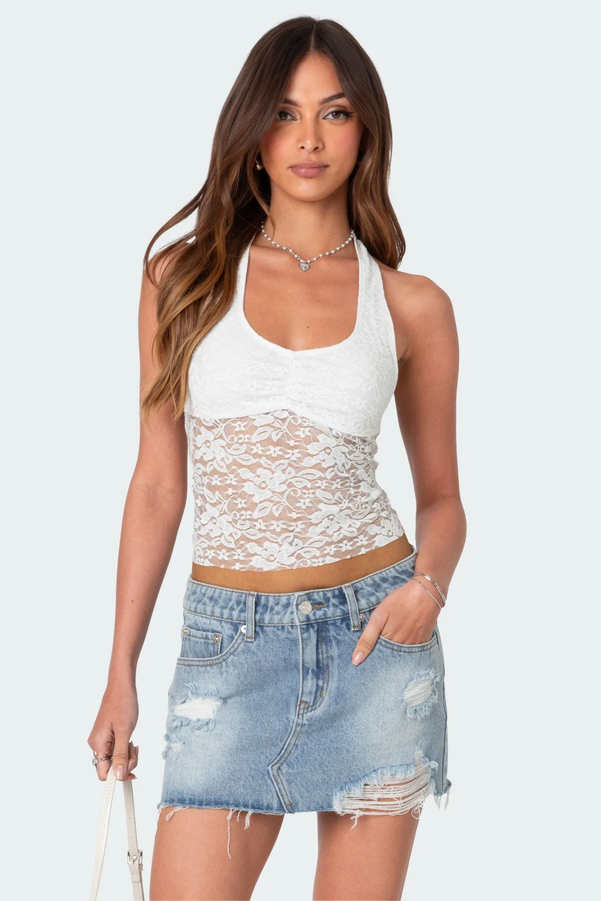 White Sheer Lace Halter Top - Stylish & Elegant Womens Clothing