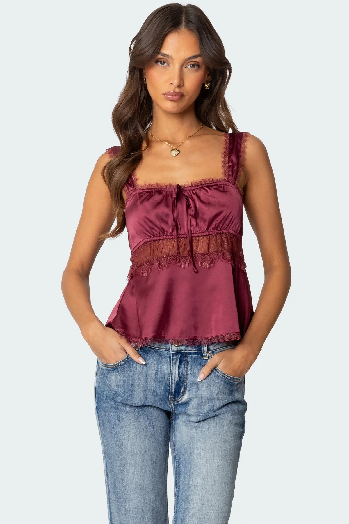 Burgundy Satin Tank Top with Lace Detailing