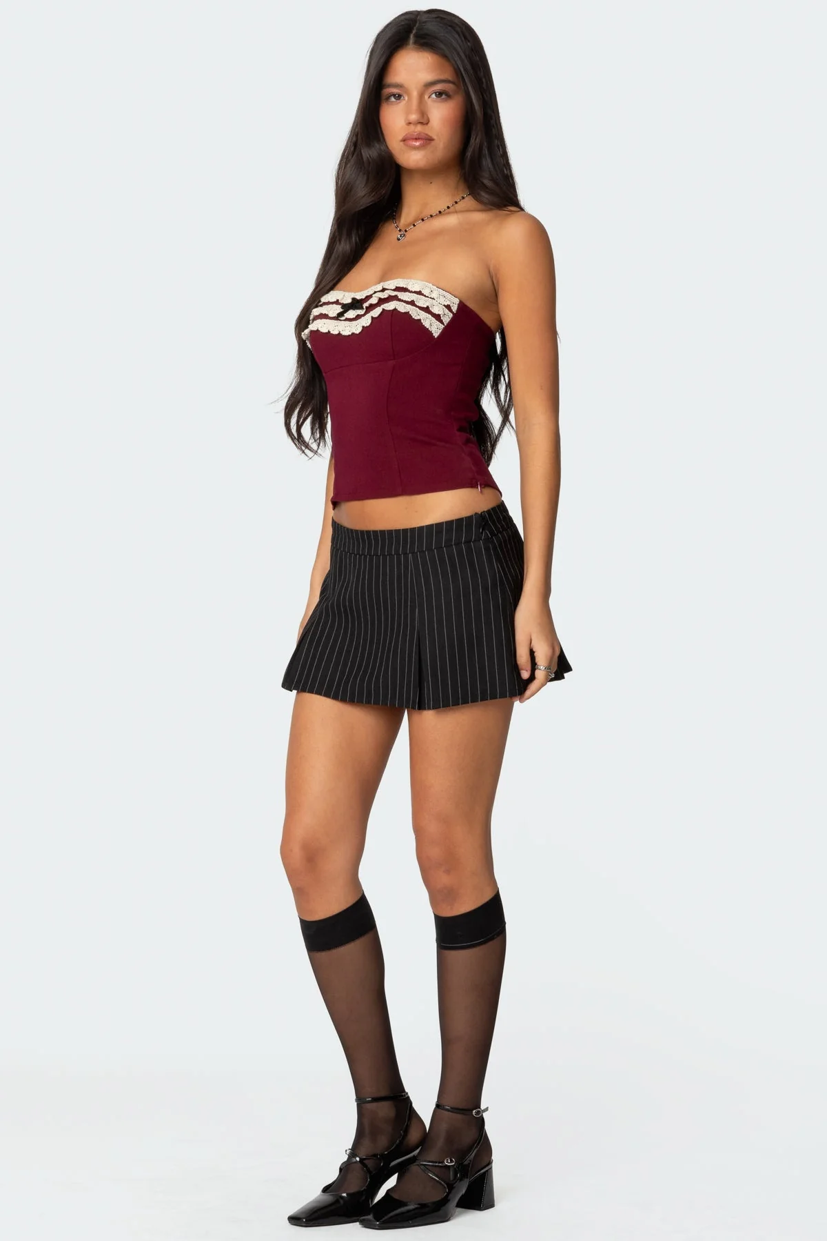 Burgundy Eyelet Ruffle Strapless Top