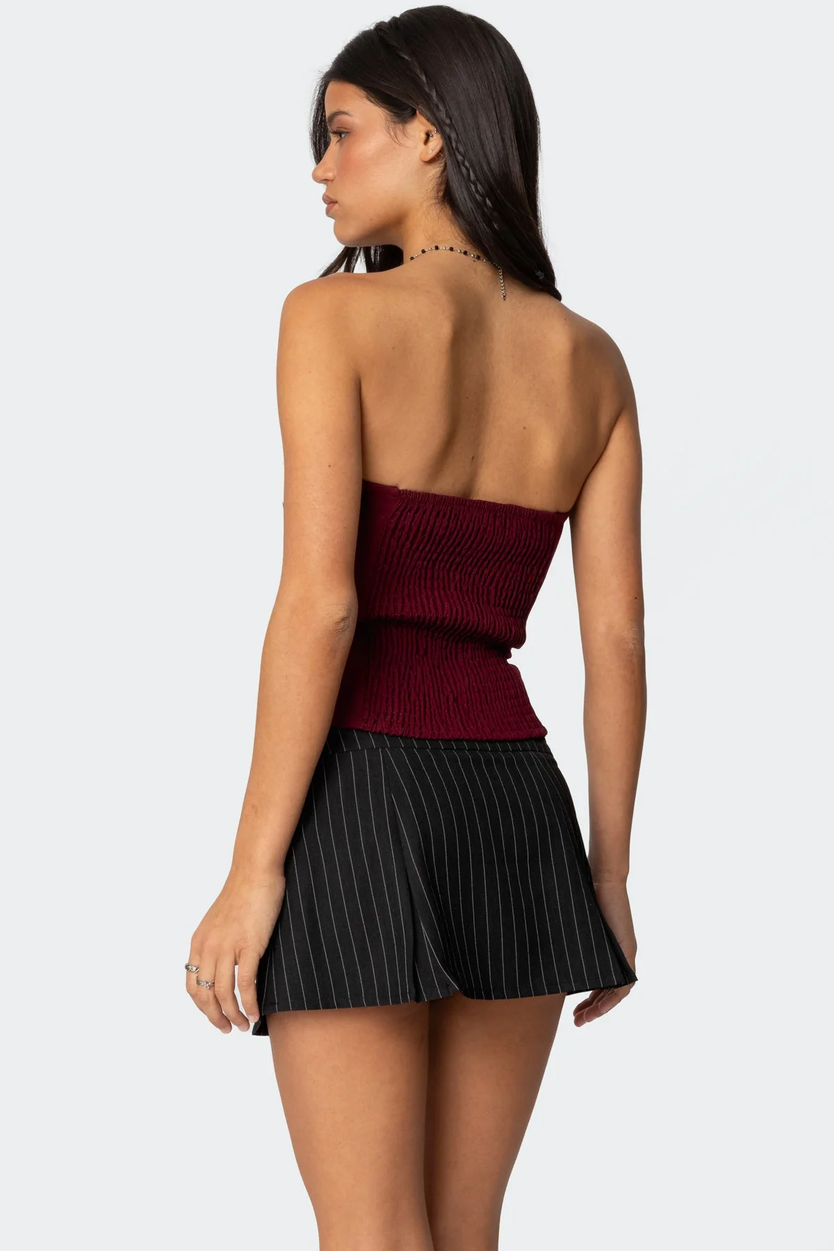 Burgundy Eyelet Ruffle Strapless Top