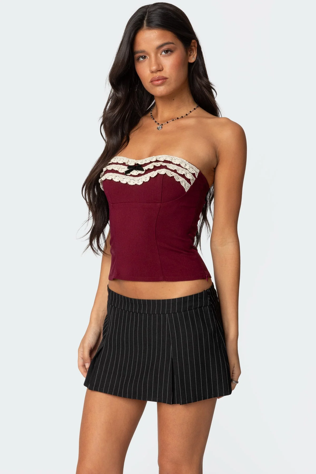 Burgundy Eyelet Ruffle Strapless Top