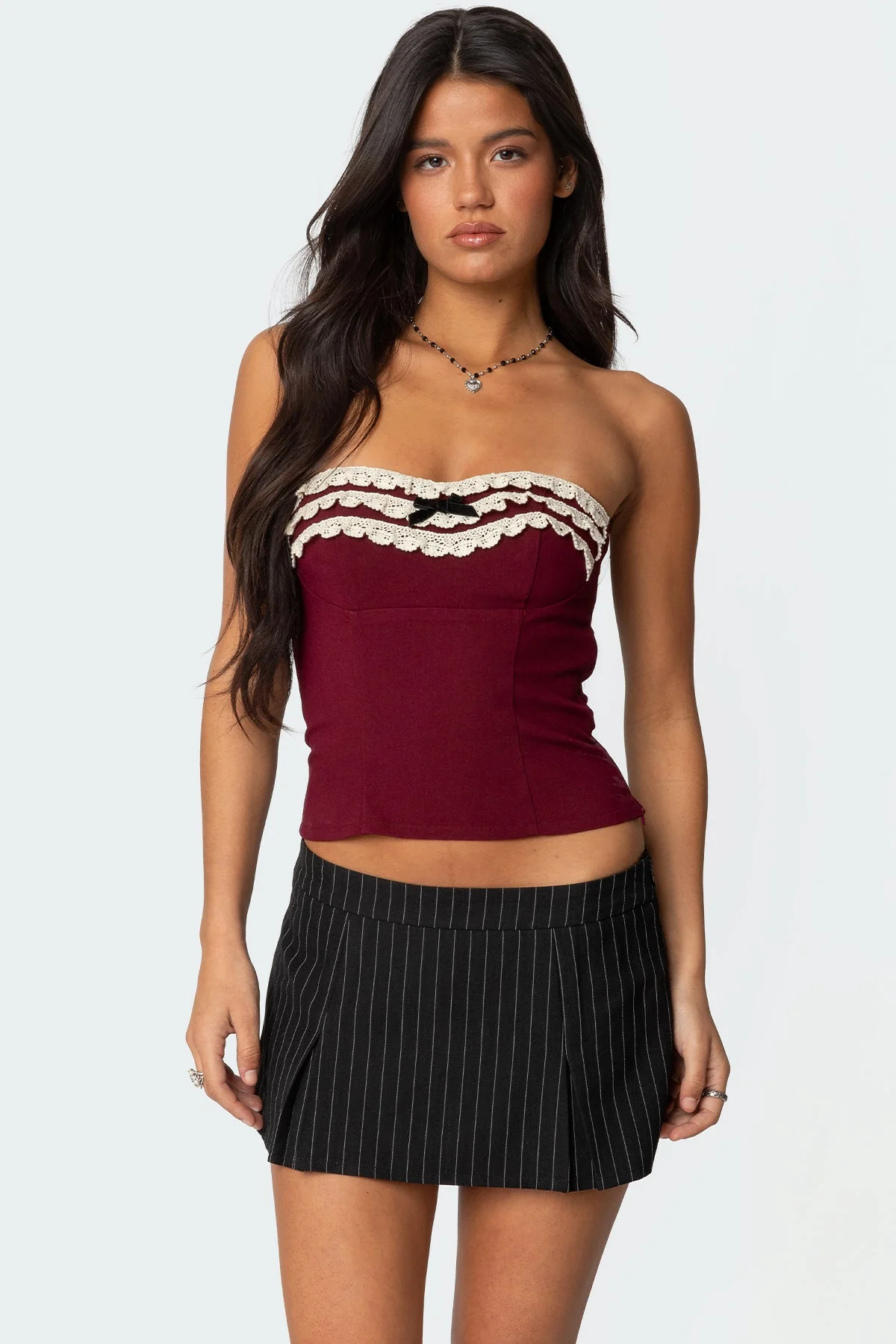 Burgundy Eyelet Ruffle Strapless Top