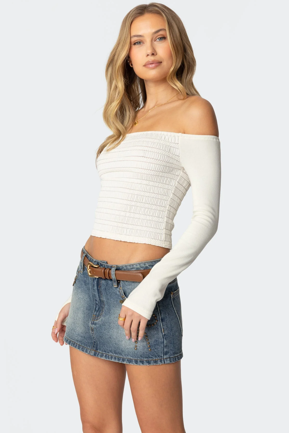 Cream Knit Off Shoulder Top with Thumb Holes