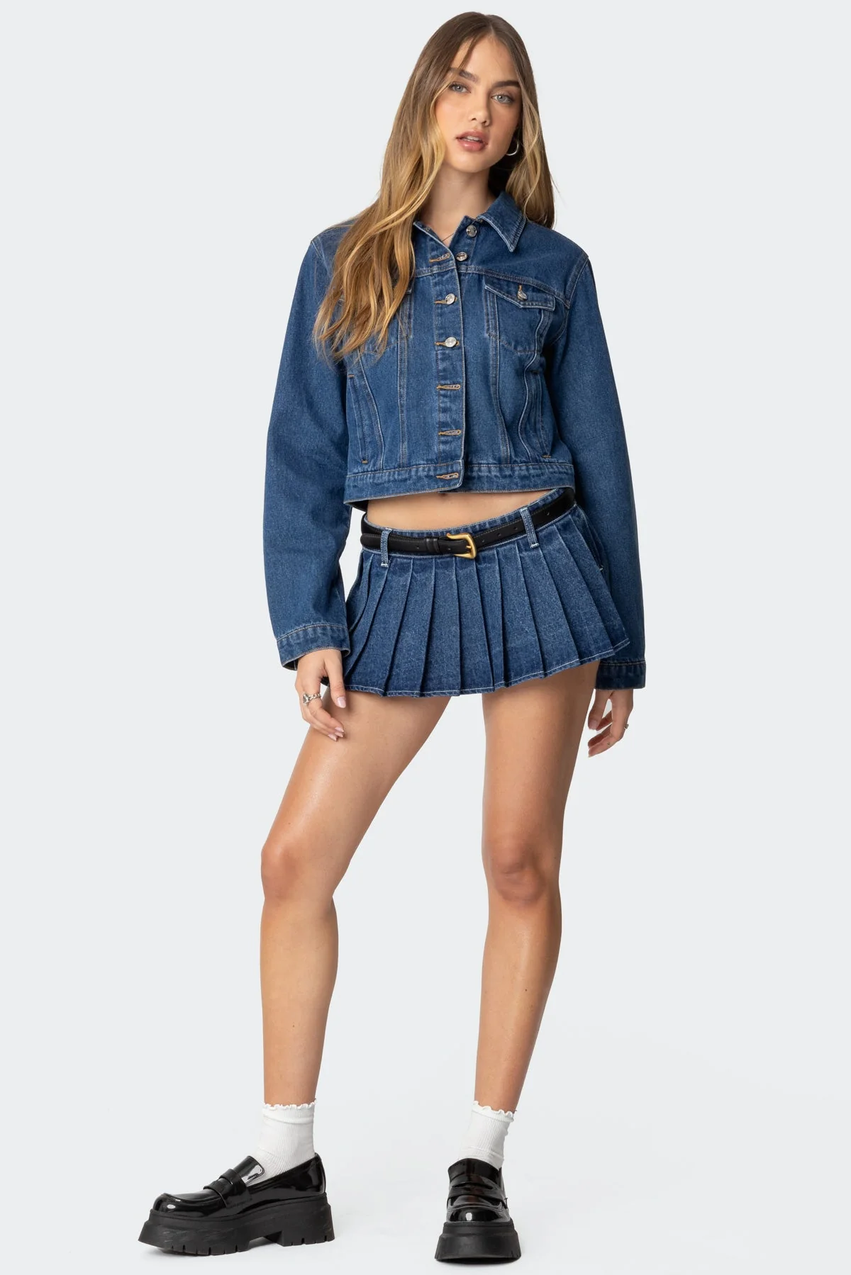 Dark Blue Denim Pleated Mini Skort
