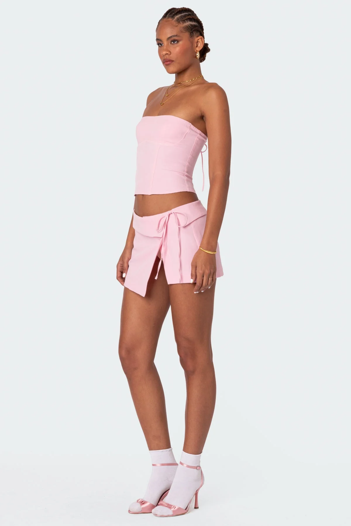 Pink Asymmetric Wrap Mini Skirt Set