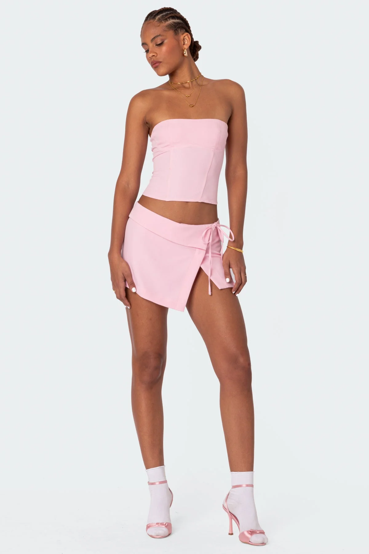 Pink Asymmetric Wrap Mini Skirt Set