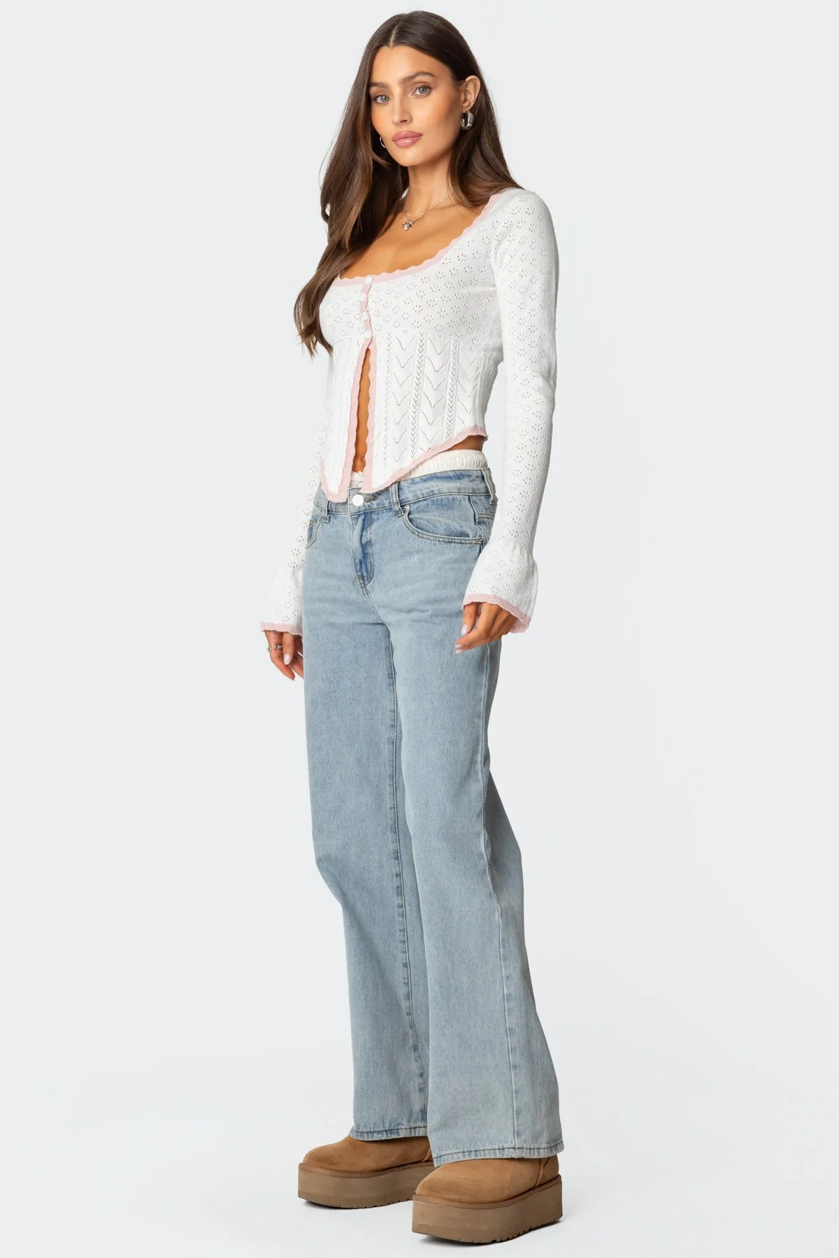 White Knitted Pointelle Sweater with Split Front