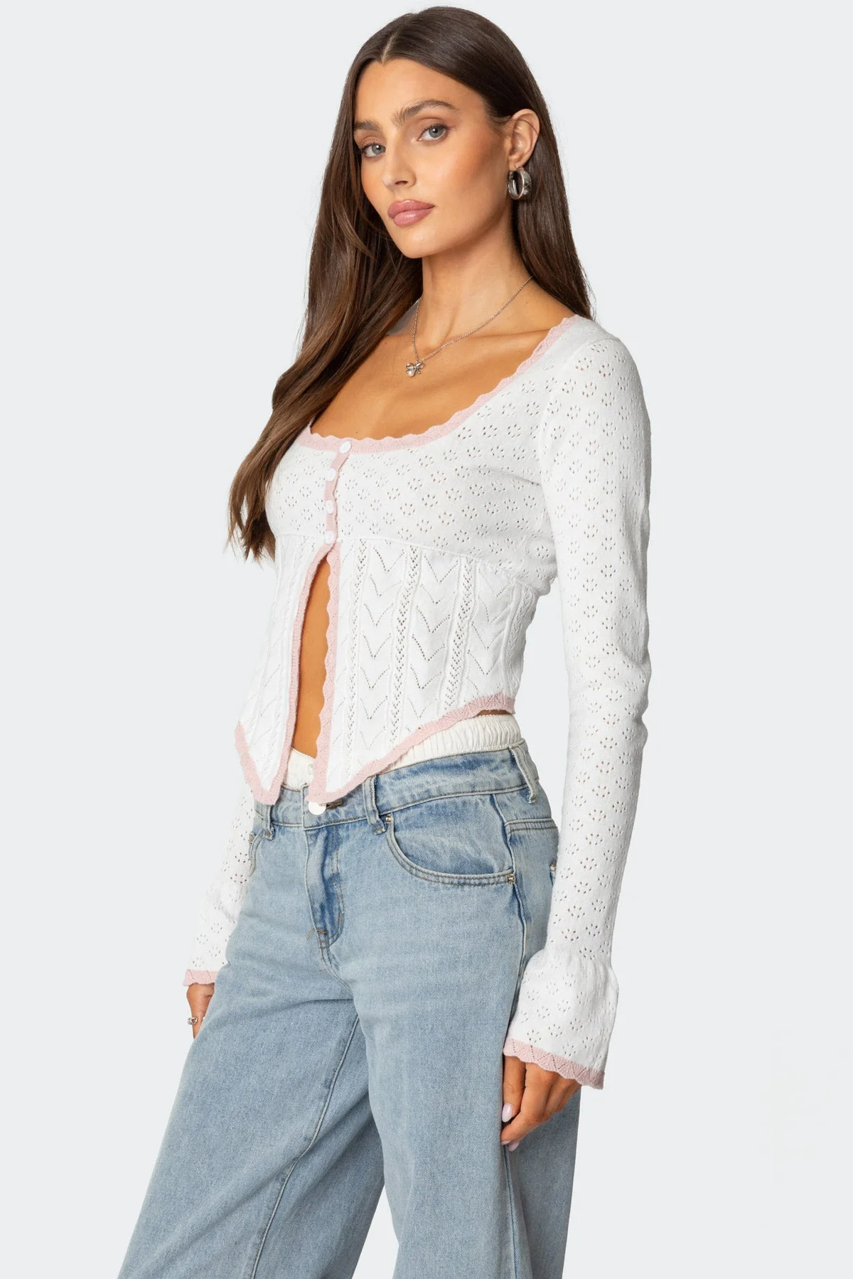 White Knitted Pointelle Sweater with Split Front