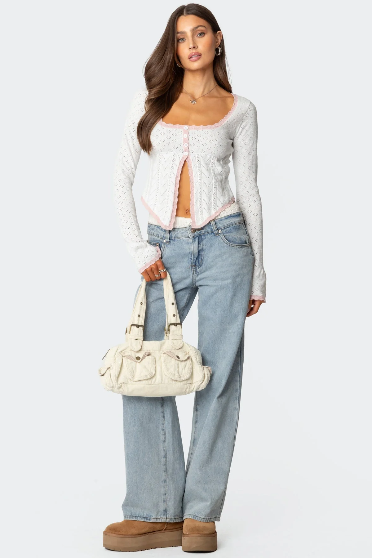 White Knitted Pointelle Sweater with Split Front