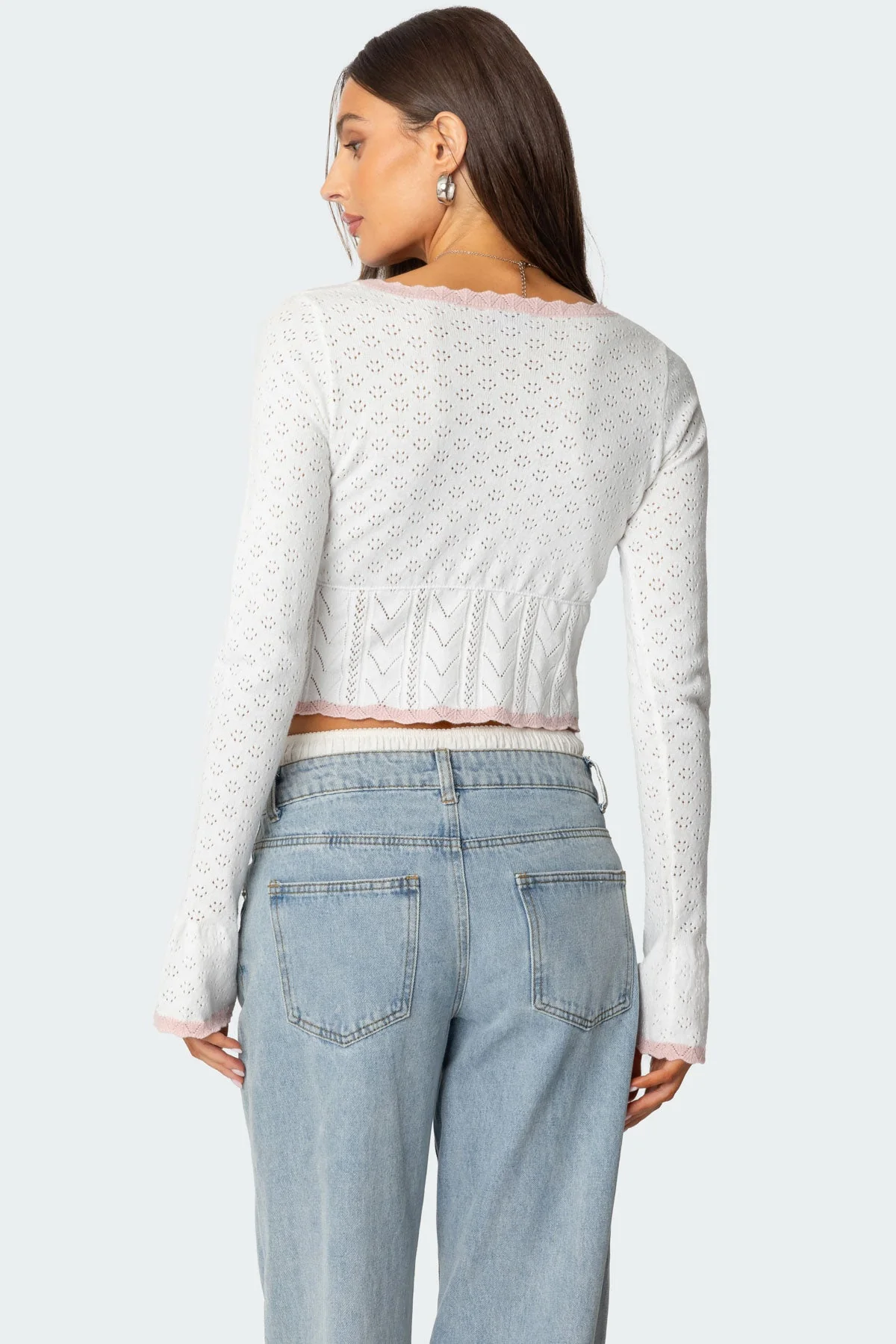 White Knitted Pointelle Sweater with Split Front