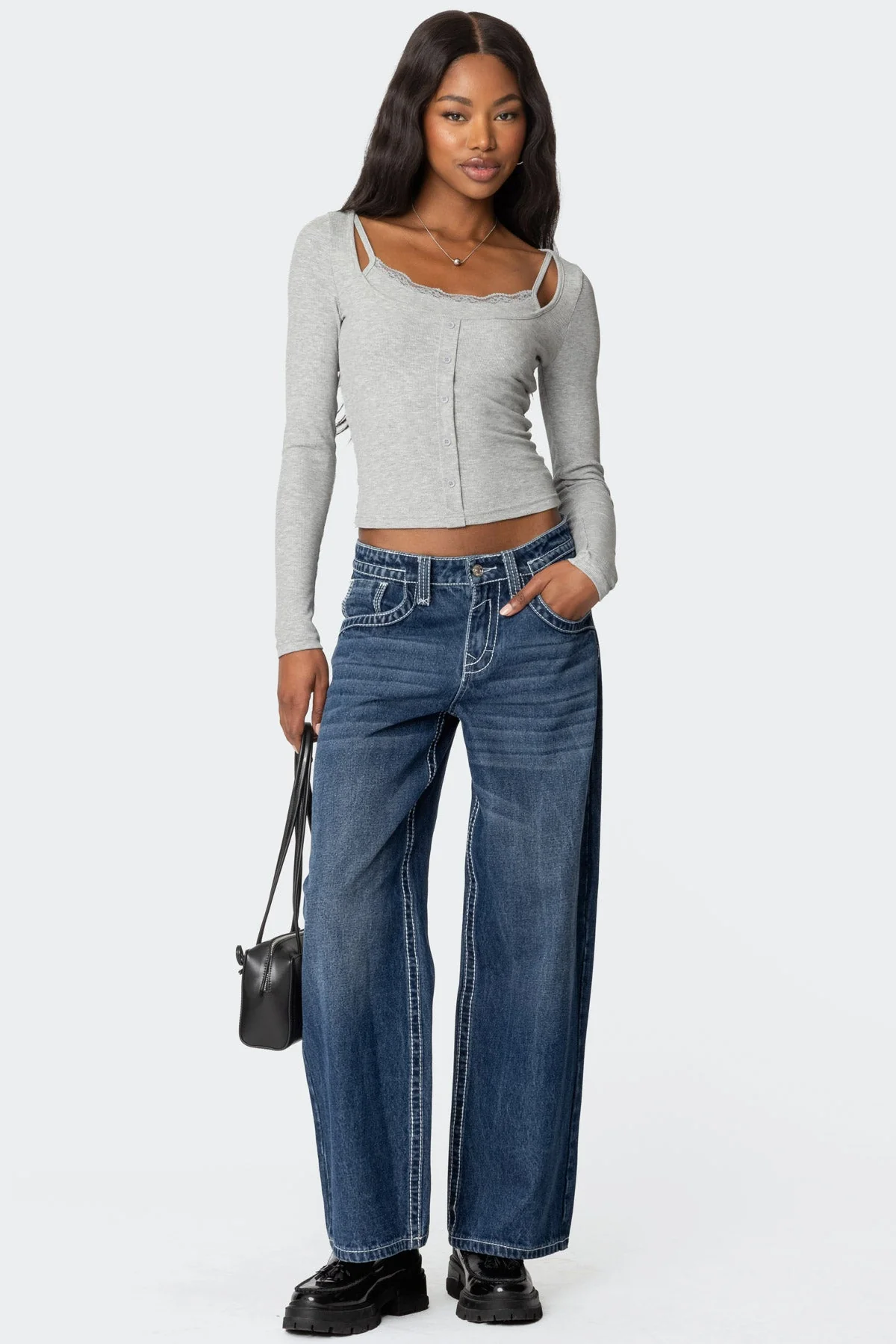 Grey Melange Layered Ribbed Top for Women