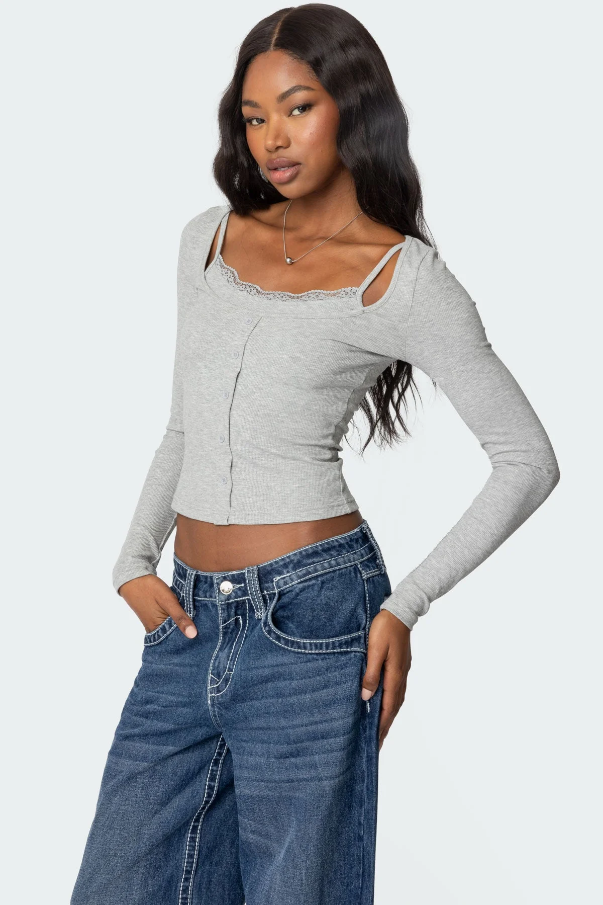 Grey Melange Layered Ribbed Top for Women