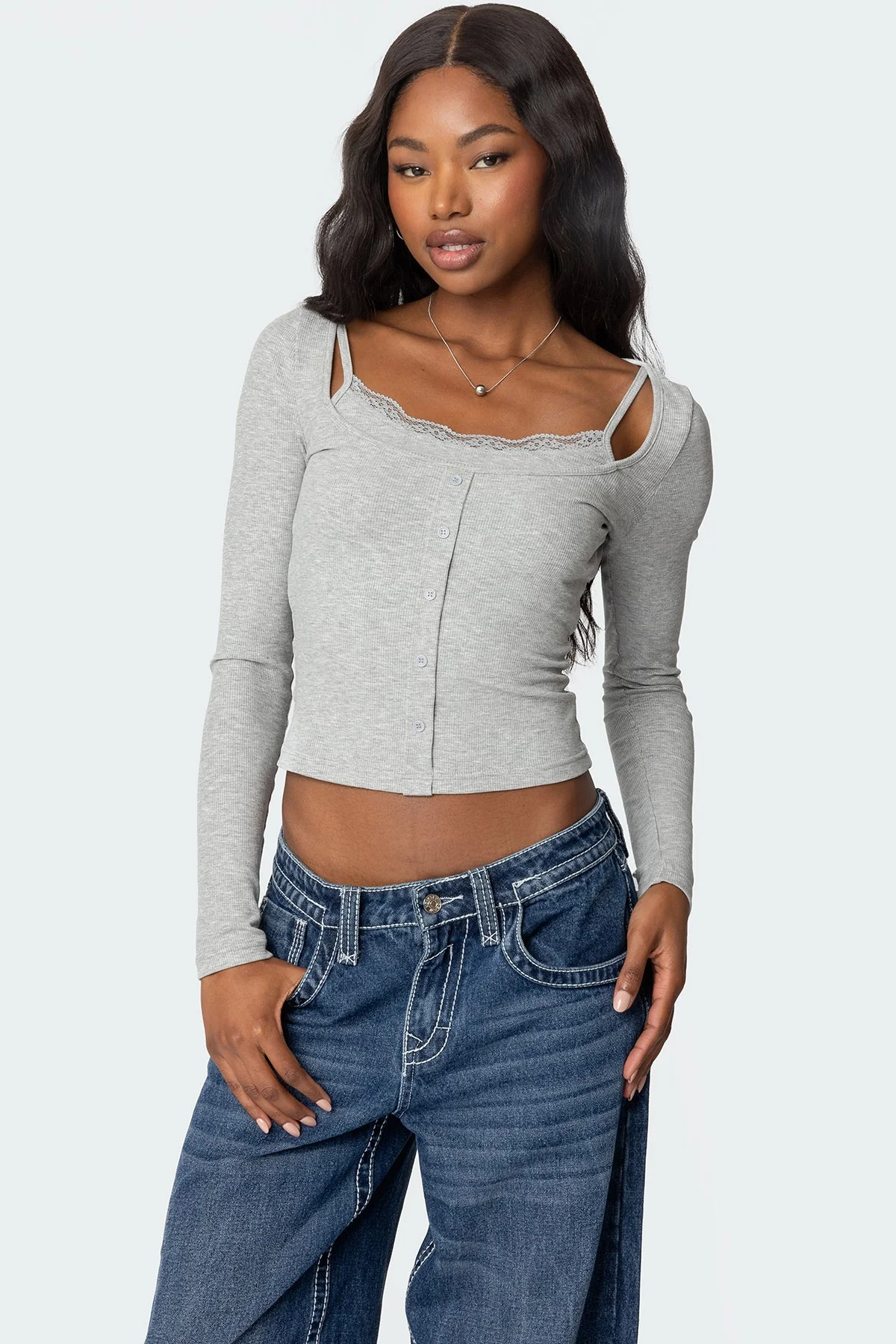Grey Melange Layered Ribbed Top for Women