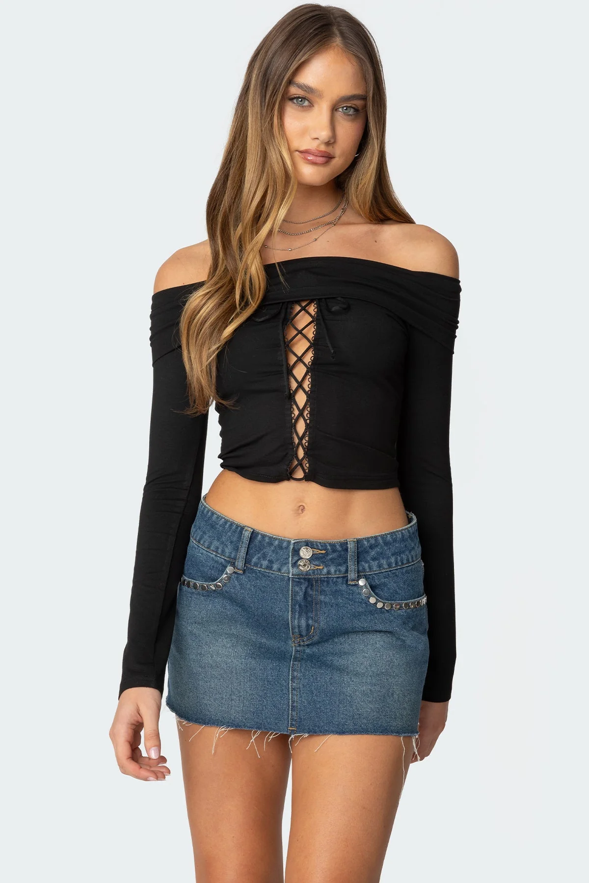 Black Lace-Up Fold Over Top Womens Long Sleeve