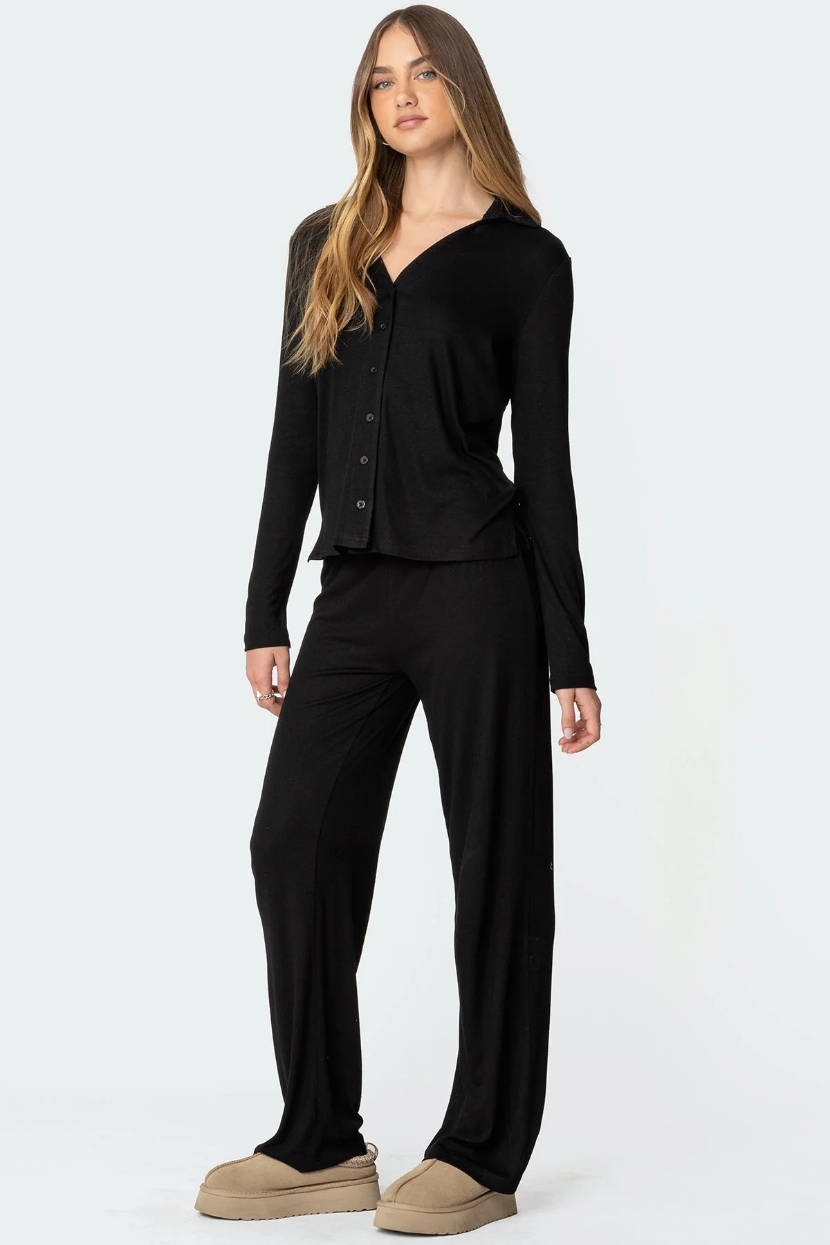 Classic Black Button-Up Sleepwear Top - Long Sleeve V-Neck Collar