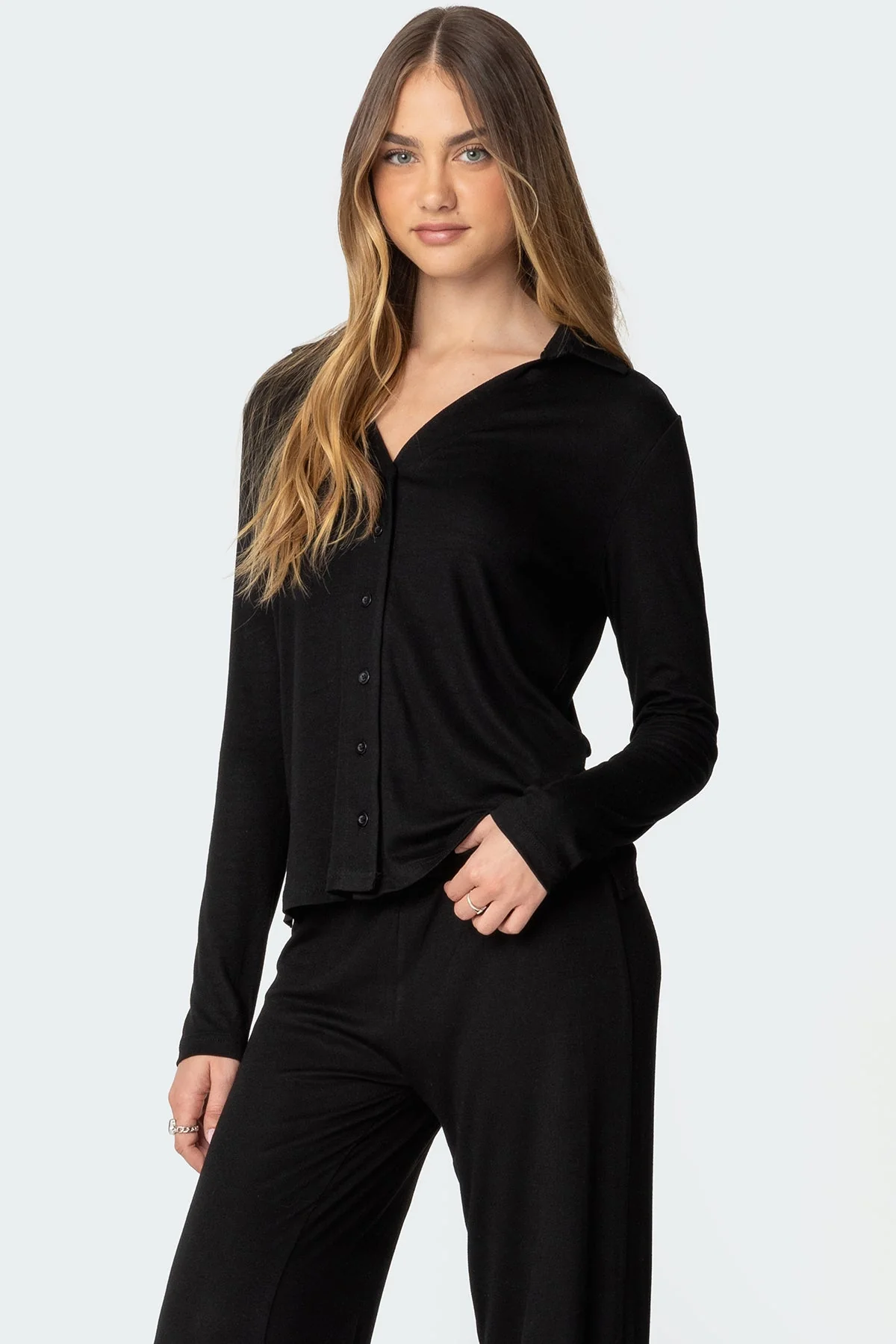 Classic Black Button-Up Sleepwear Top - Long Sleeve V-Neck Collar