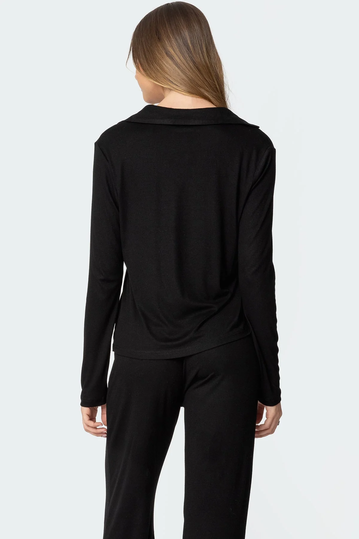 Classic Black Button-Up Sleepwear Top - Long Sleeve V-Neck Collar