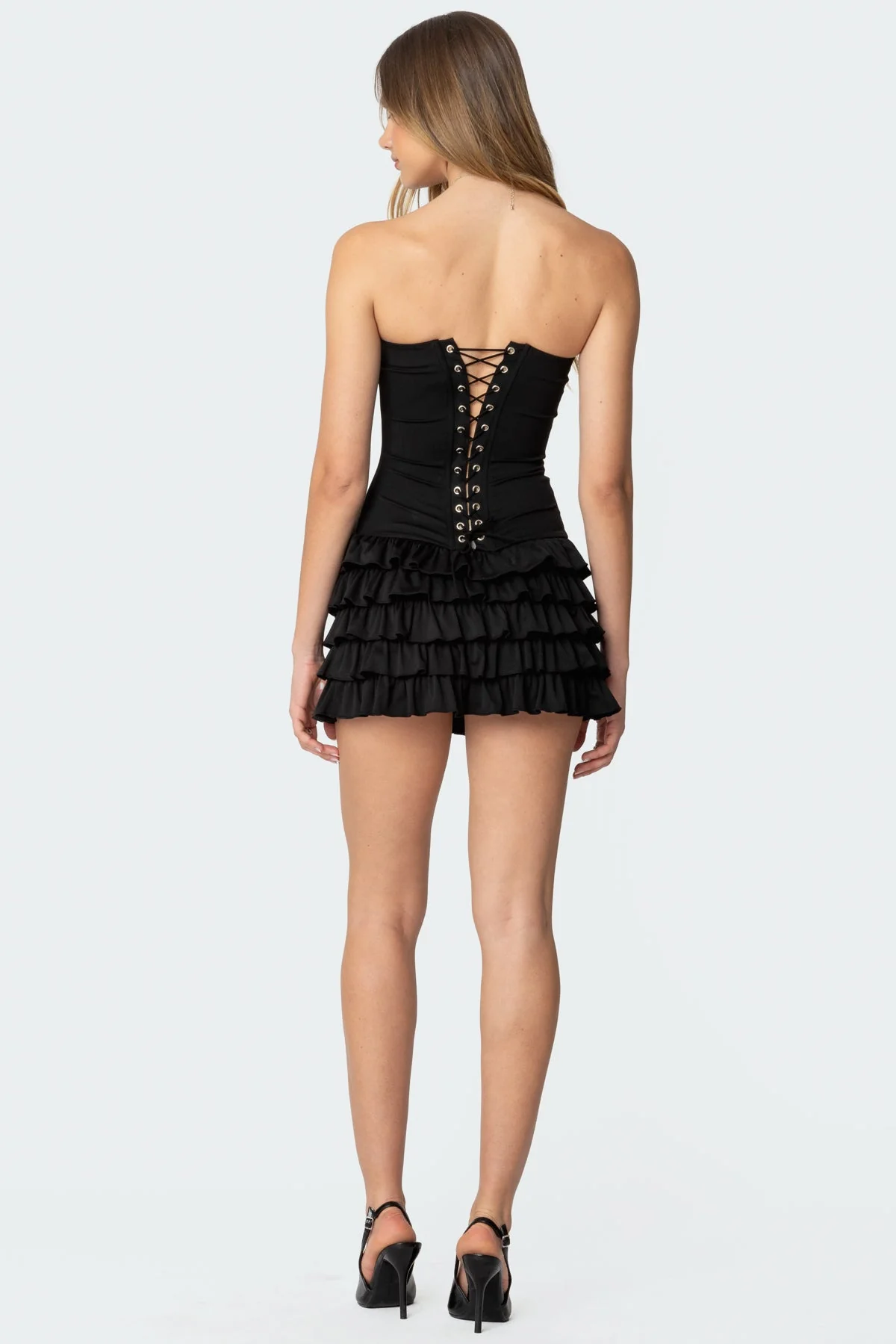 Strapless Ruffle Mini Dress in Black