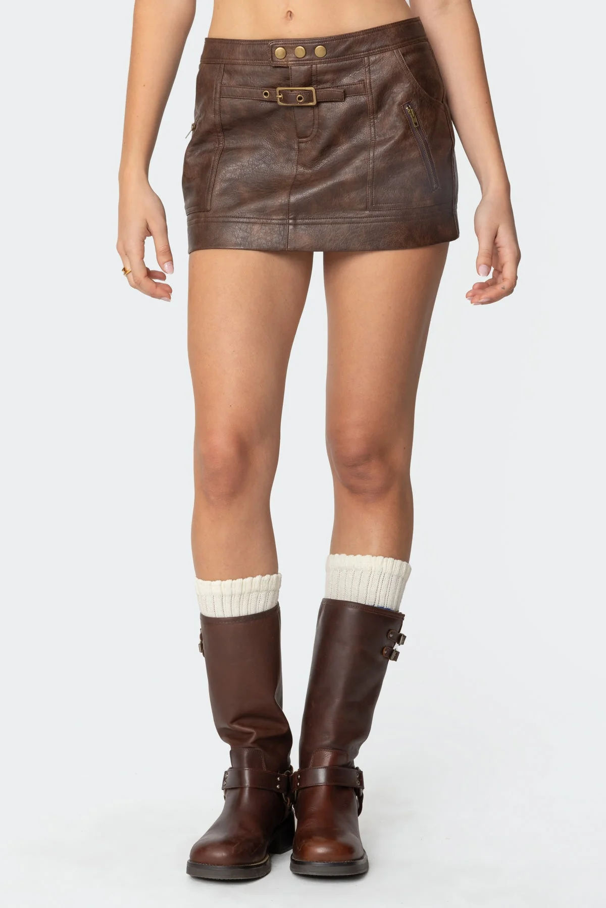 Brown Faux Leather Mini Skirt Womens Low Rise Style