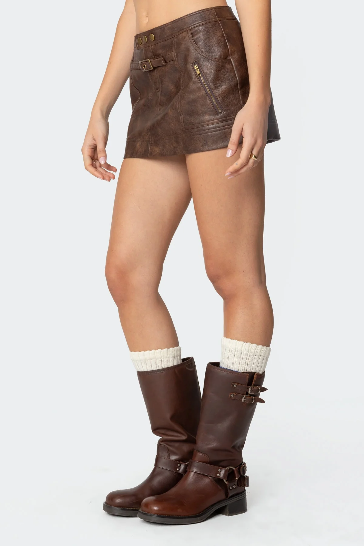 Brown Faux Leather Mini Skirt Womens Low Rise Style