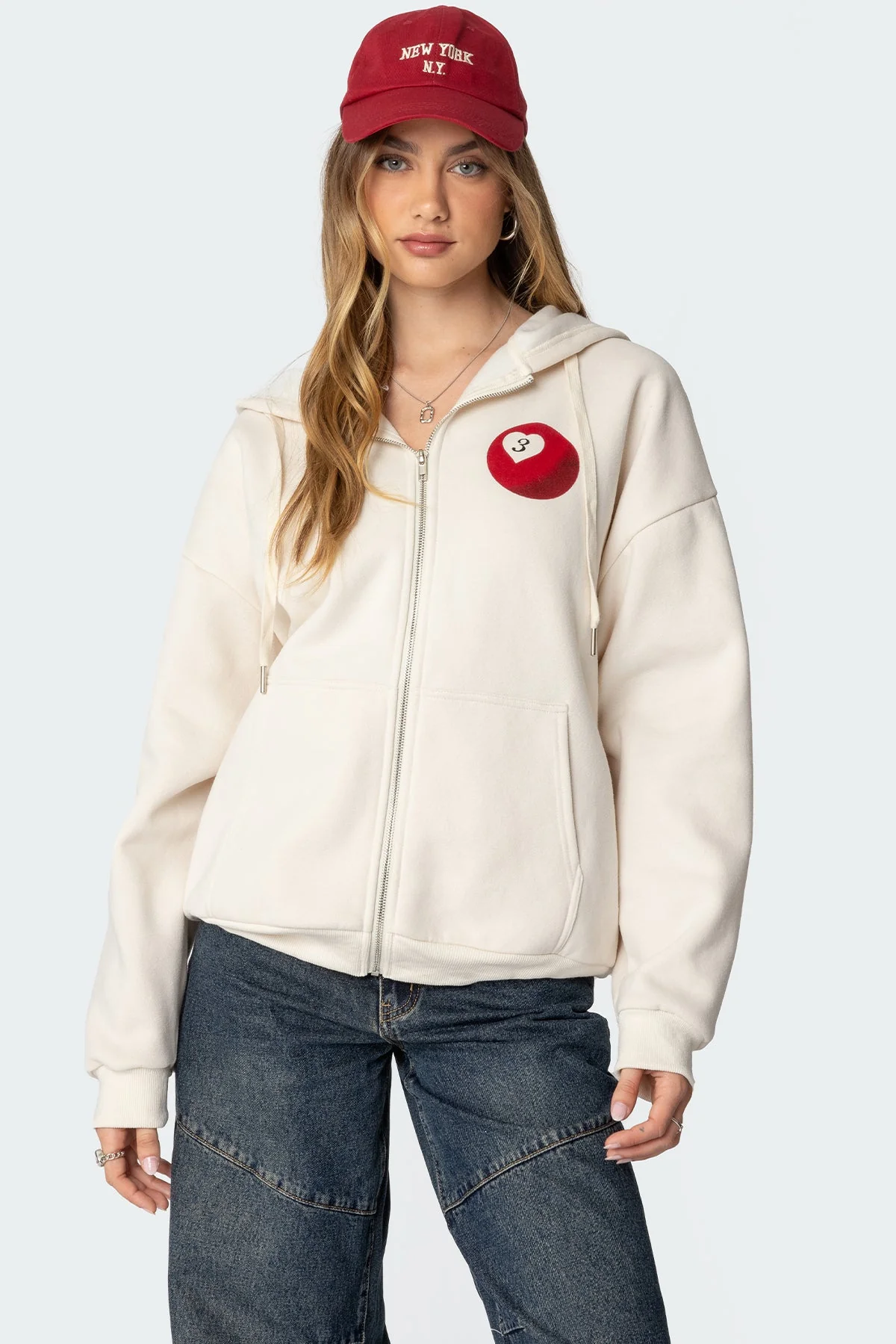 Oversized Zip Up Hoodie in Cream - Billiard Heart Graphic