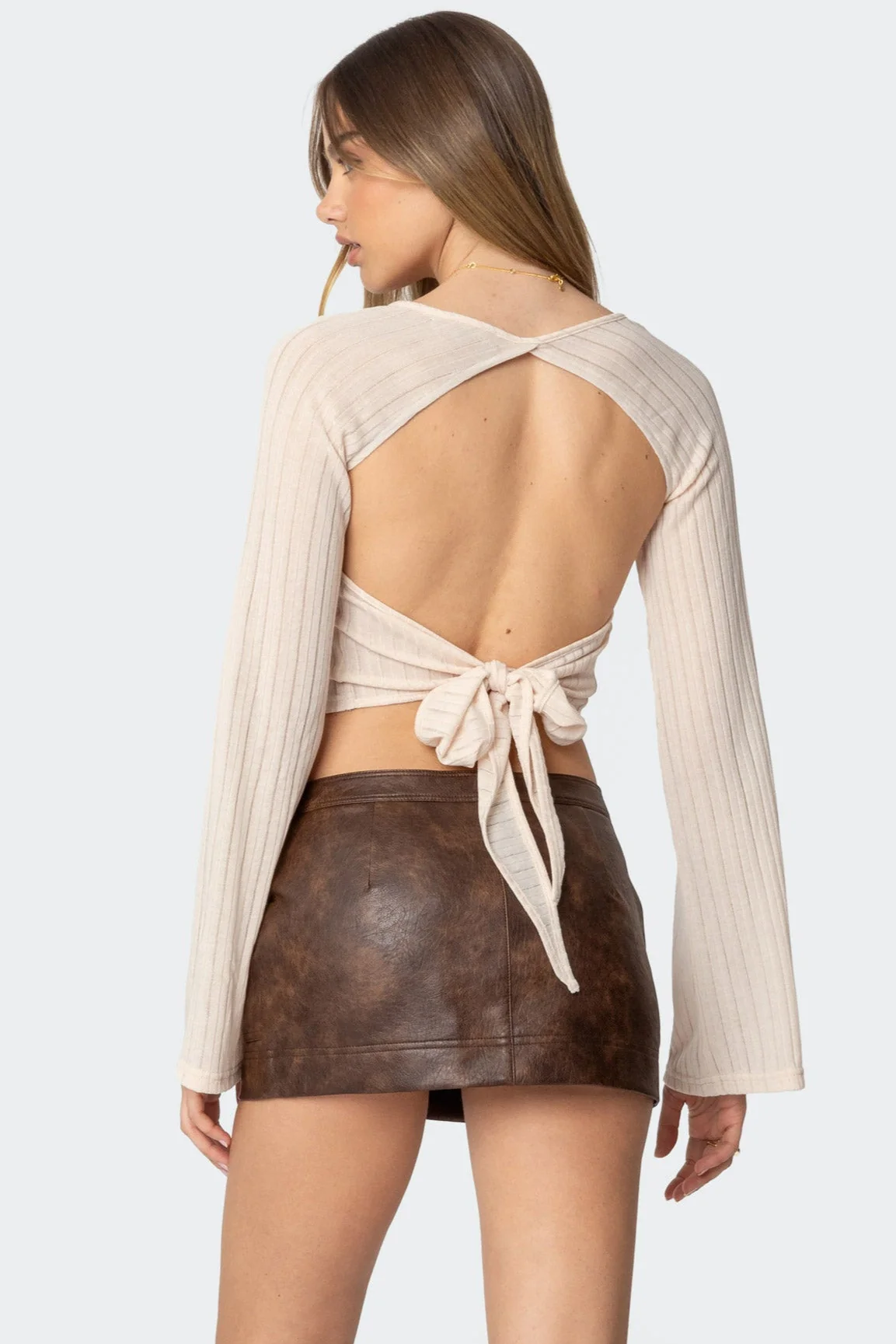 Beige Ribbed Backless Top for Women