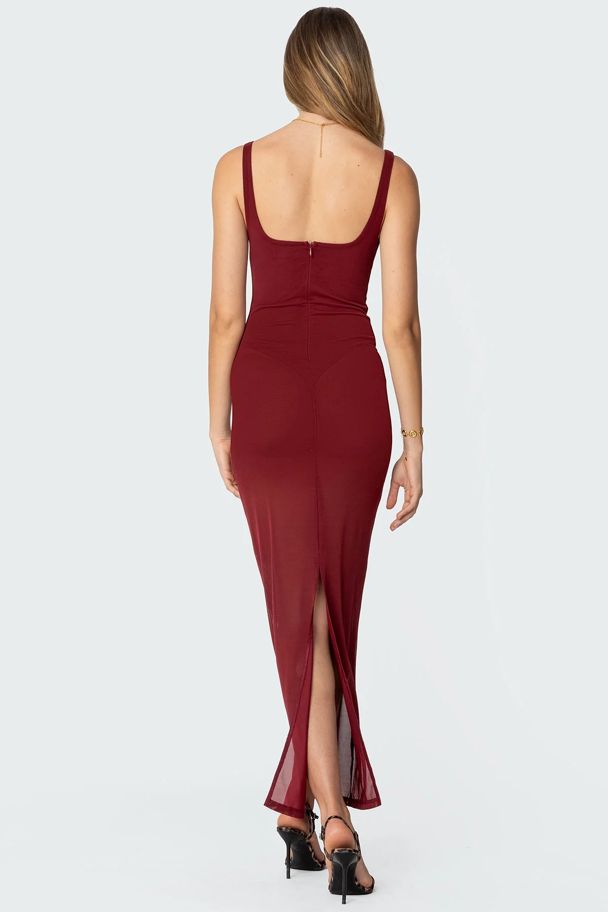 Burgundy Mesh Maxi Dress with Built-In Bodysuit