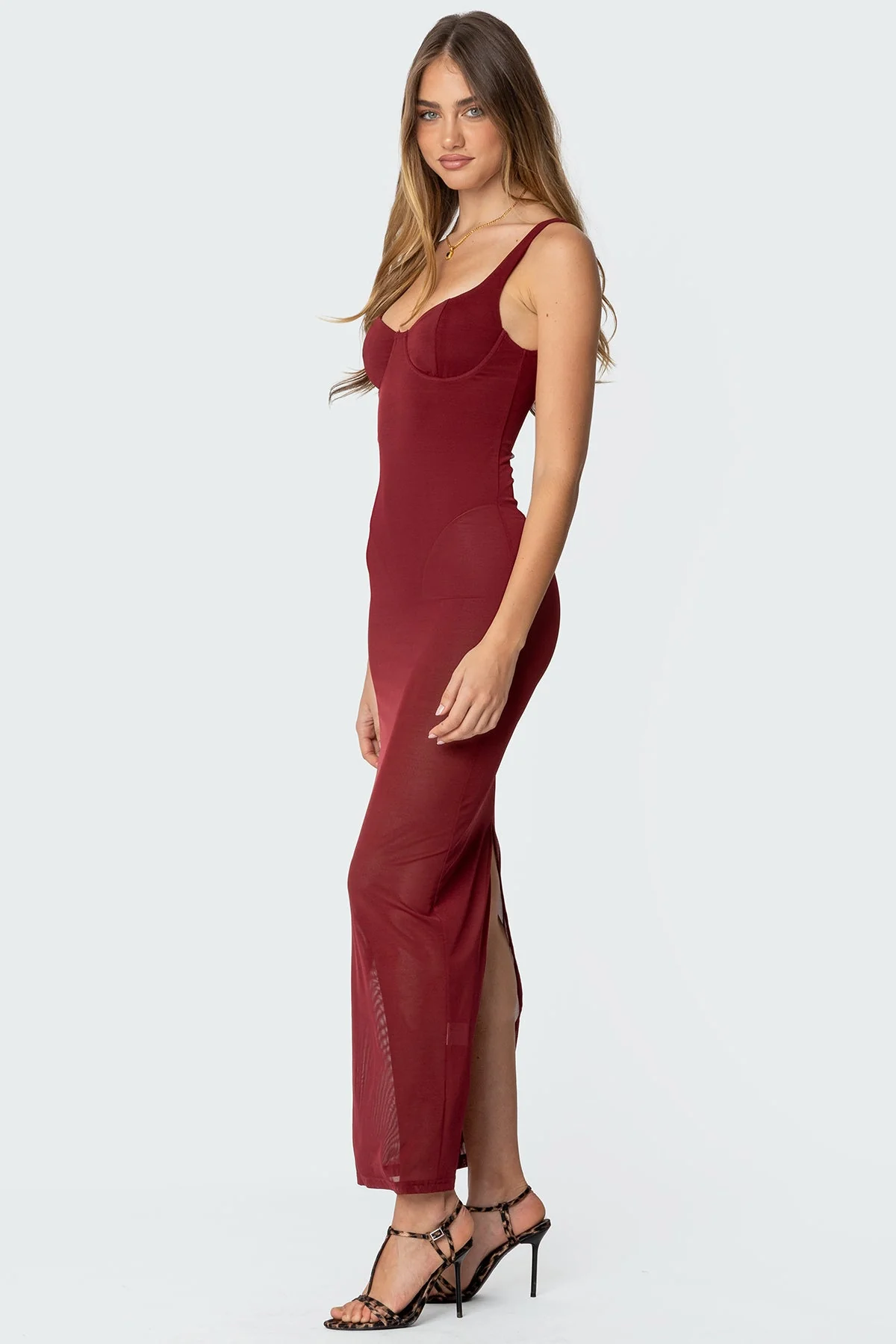 Burgundy Mesh Maxi Dress with Built-In Bodysuit