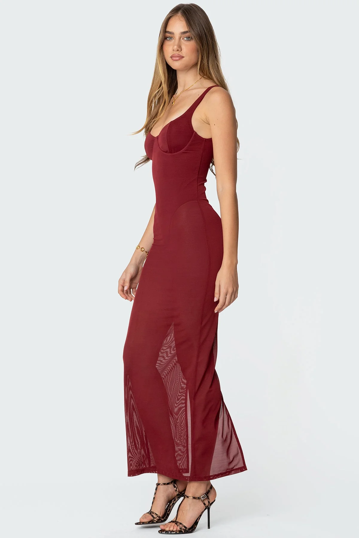 Burgundy Mesh Maxi Dress with Built-In Bodysuit