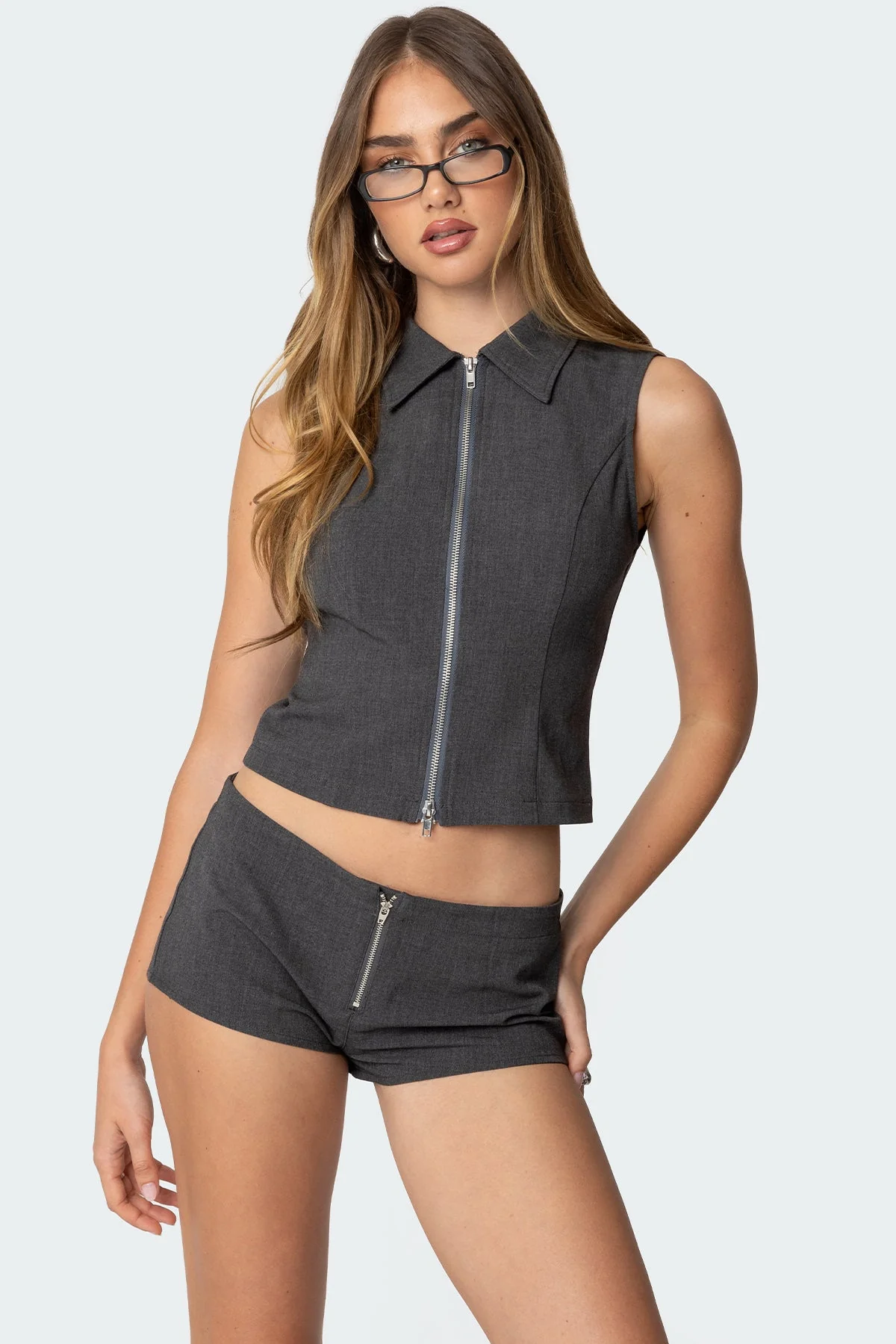 Dark Gray Collared Zip Up Top for Women