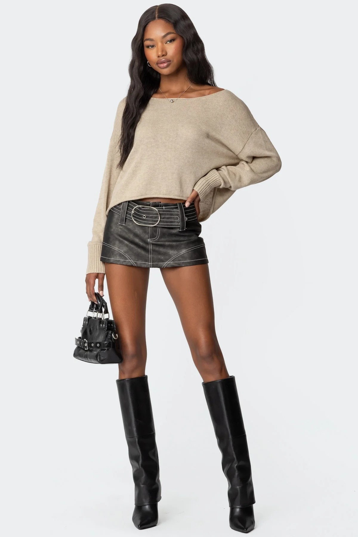 Black Washed Faux Leather Mini Skort for Women