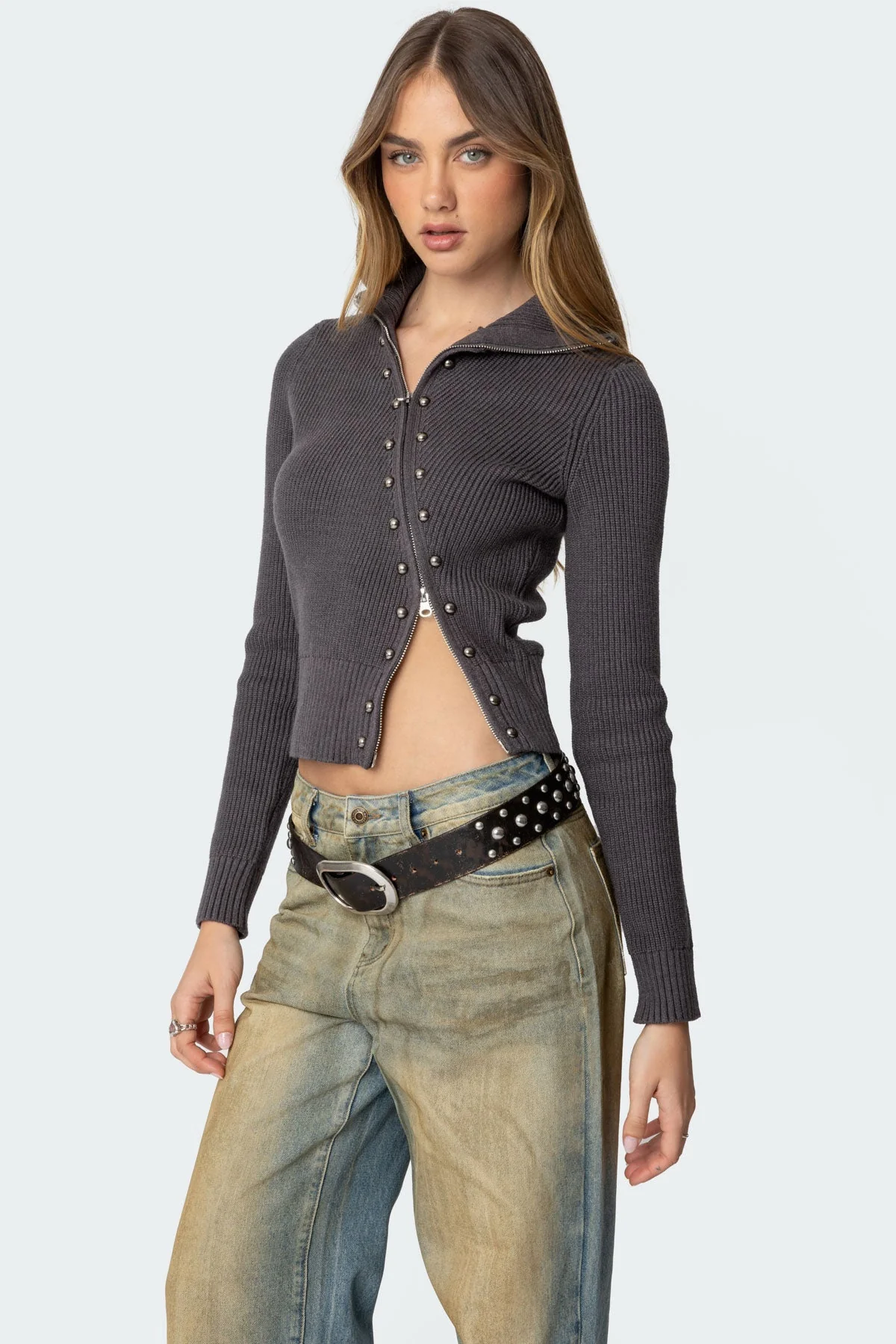Dark Gray Ribbed Asymmetric Cardigan