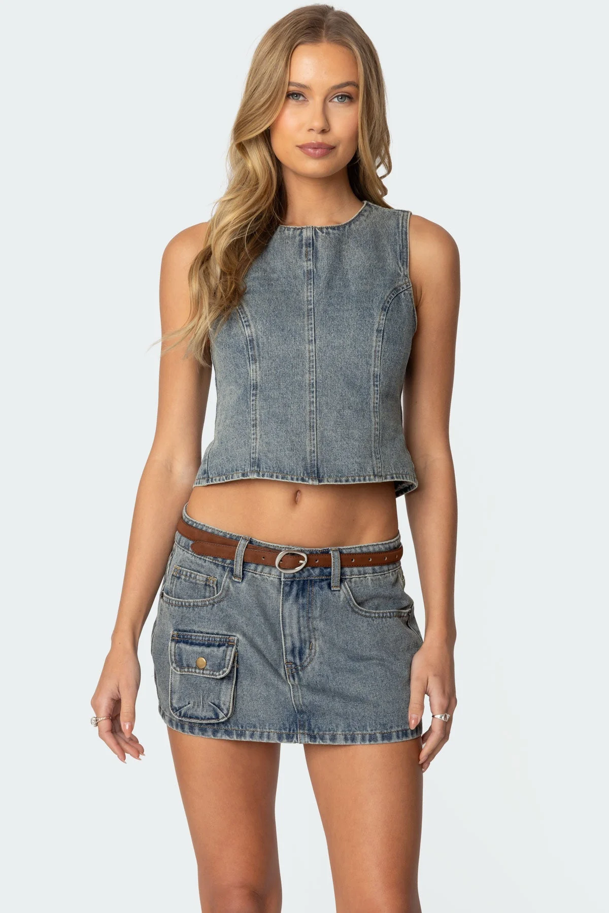 Stylish Blue Denim Sleeveless Top with Open Back