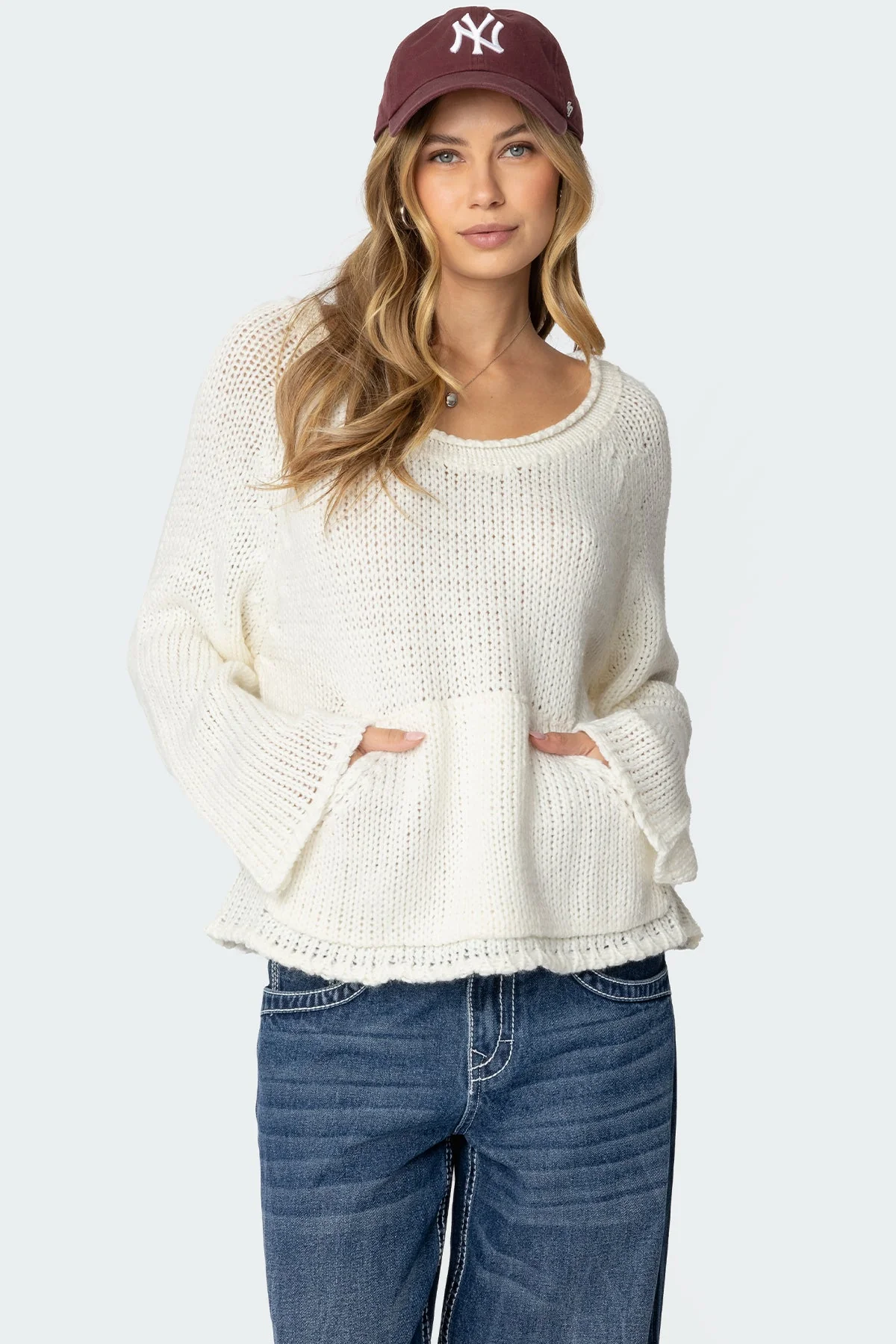 Cream Oversized Knit Sweater with Kangaroo Pocket