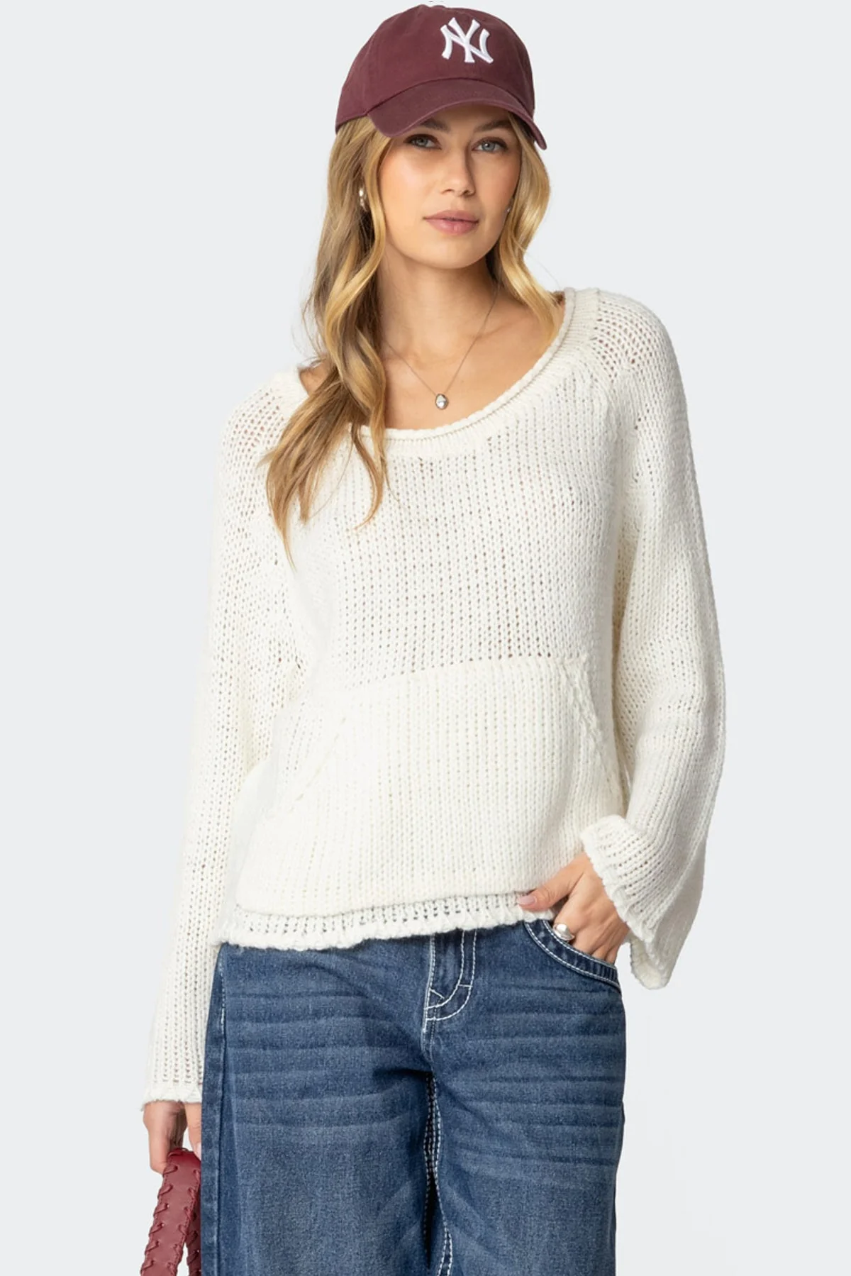 Cream Oversized Knit Sweater with Kangaroo Pocket