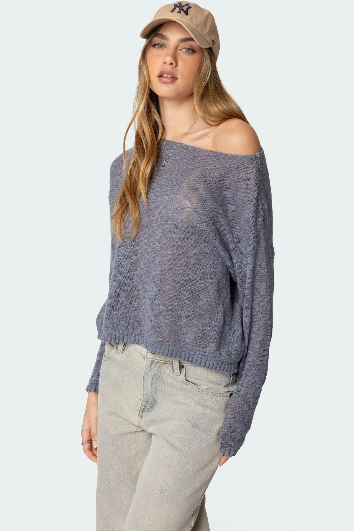 Blue Oversized Boat Neck Sweater for Women