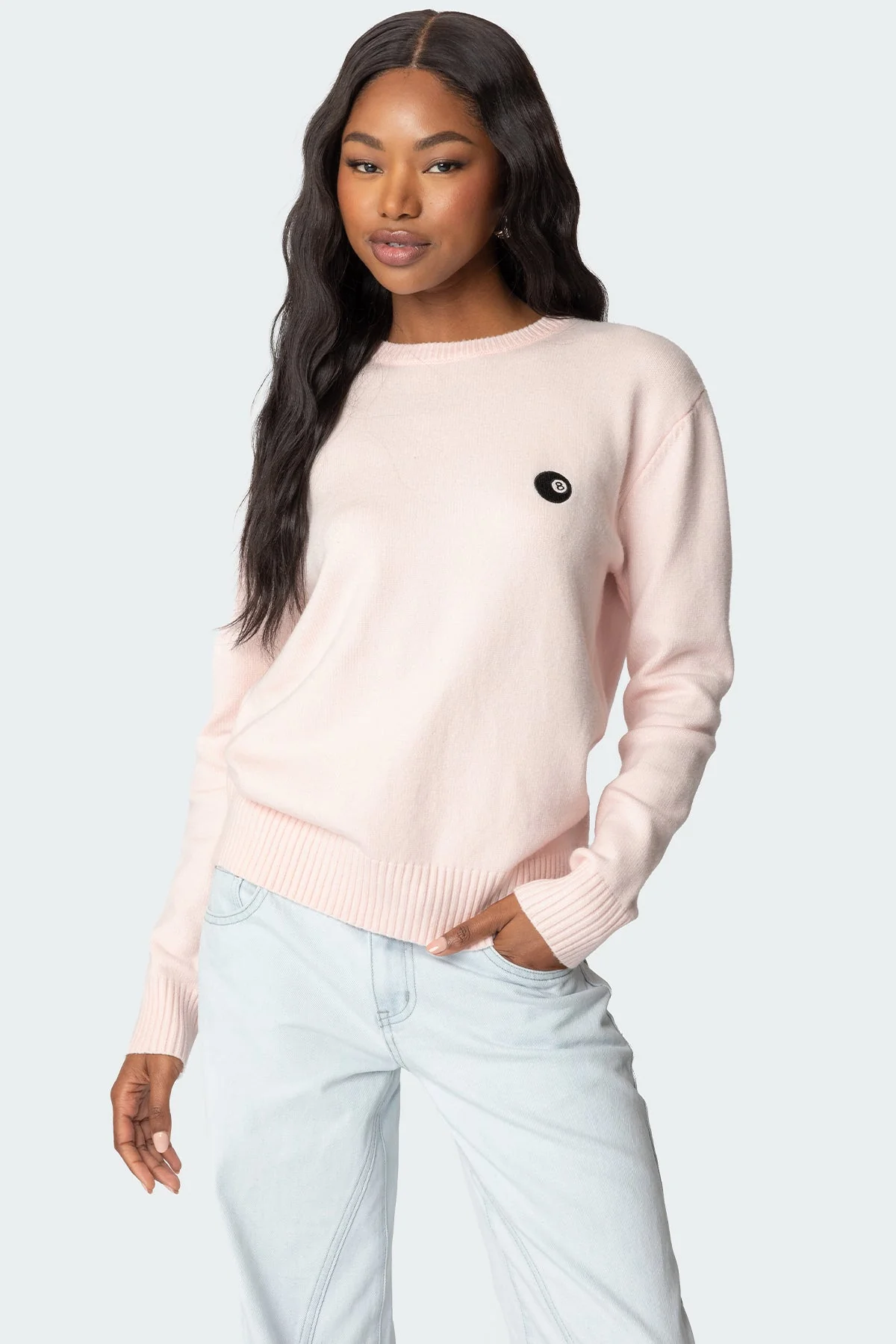 Embroidered Billiard Graphic Knit Sweater in Light Pink