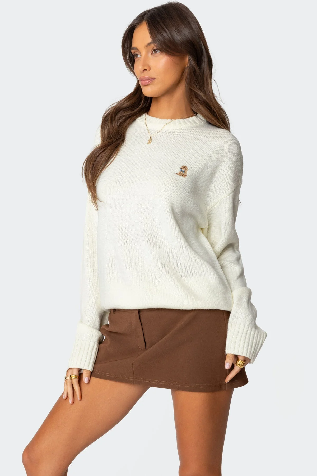 White Dog Embroidered Sweater - Cozy Knit Acrylic Crewneck