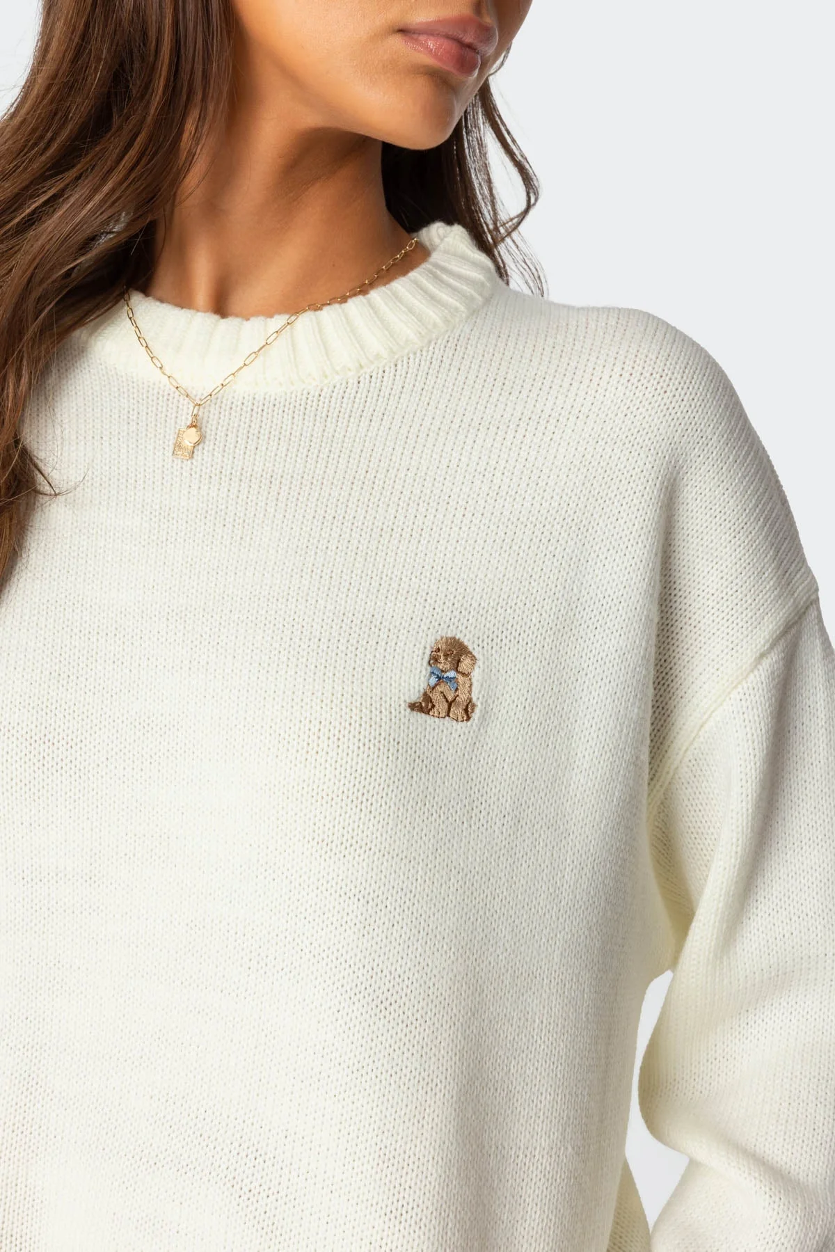 White Dog Embroidered Sweater - Cozy Knit Acrylic Crewneck
