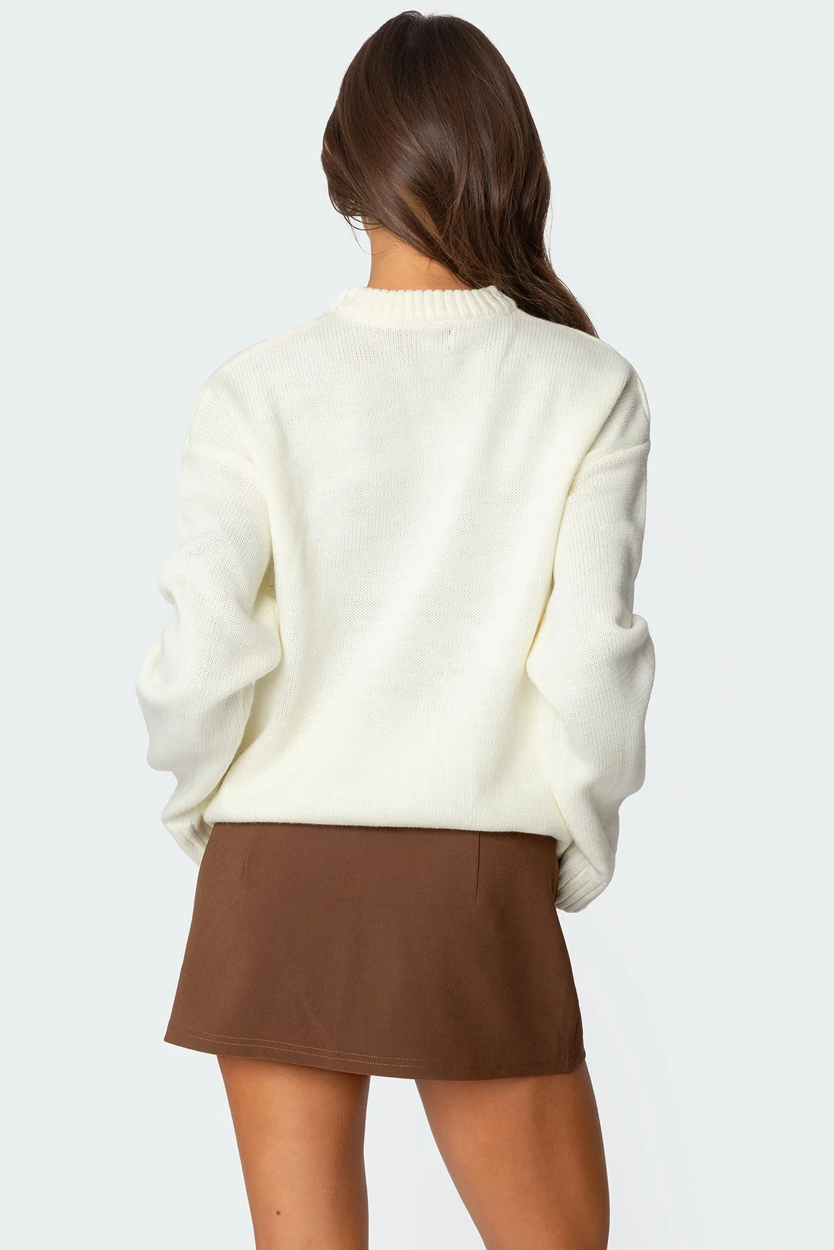 White Dog Embroidered Sweater - Cozy Knit Acrylic Crewneck