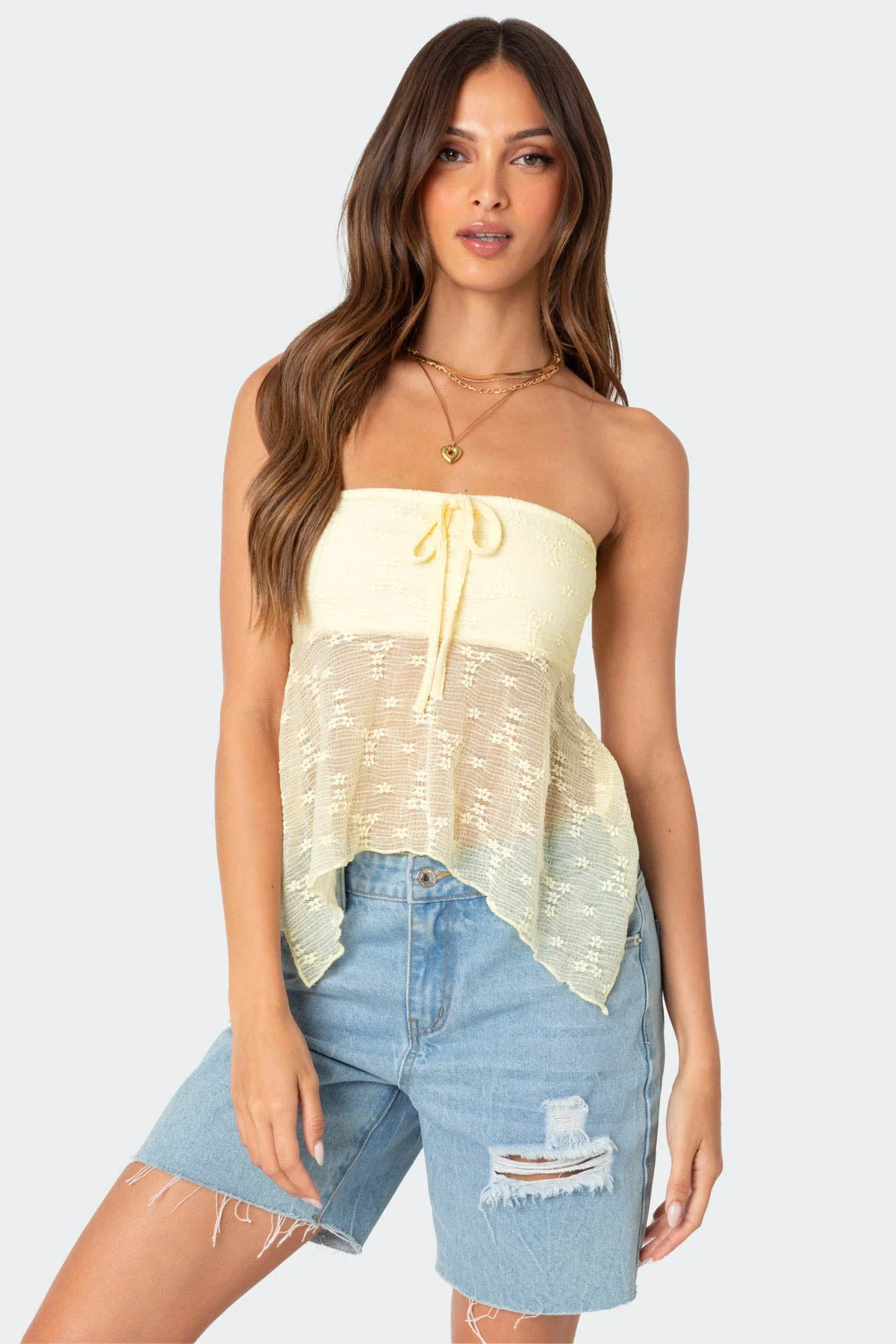 Yellow Embroidered Strapless Top - Elegant Sheer Design