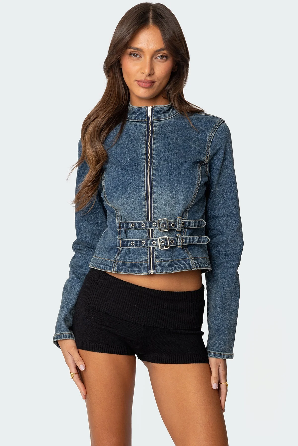 Blue Denim Jacket with Double Buckle Detailing